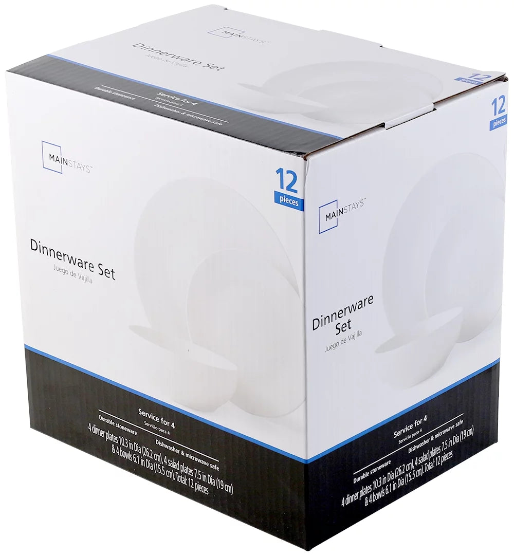 (2 Pack)  Glazed White Stoneware Dinnerware Set, 12-Pieces