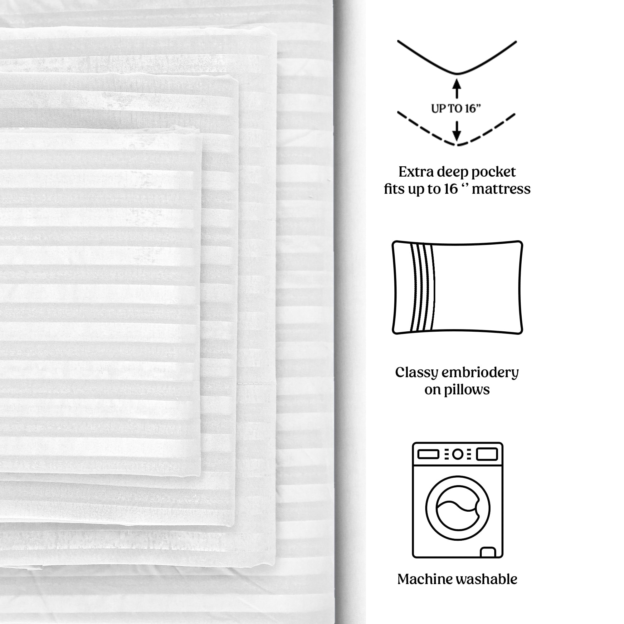 Stripes Bed Sheet Set (Full, White), 4 Piece Deep Pocket 1800 Series Microfiber Bed Sheet Set Contains (1 Fitted Bed Sheet, 1 Flat Sheet, 2 Pillow Covers)