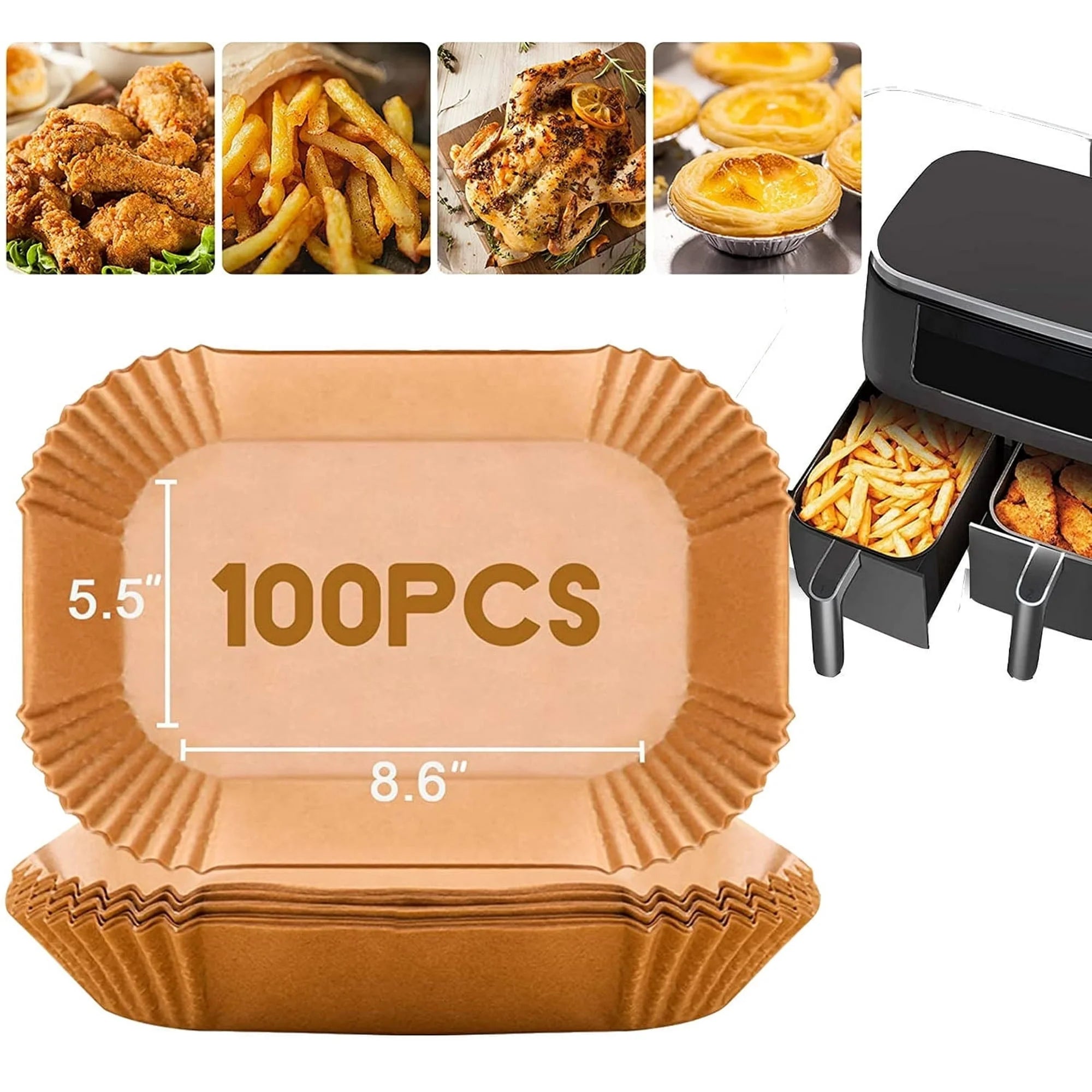 100 Pcs Air Fryer Liners, 8.6 in Rectangle Non-Stick Air Fryer Disposable Paper Liner, Unbleached Oil-Proof Airfryer Liners, Air Fryer Parchment Paper Liners for Fryers Frying Pan Microwave Oven