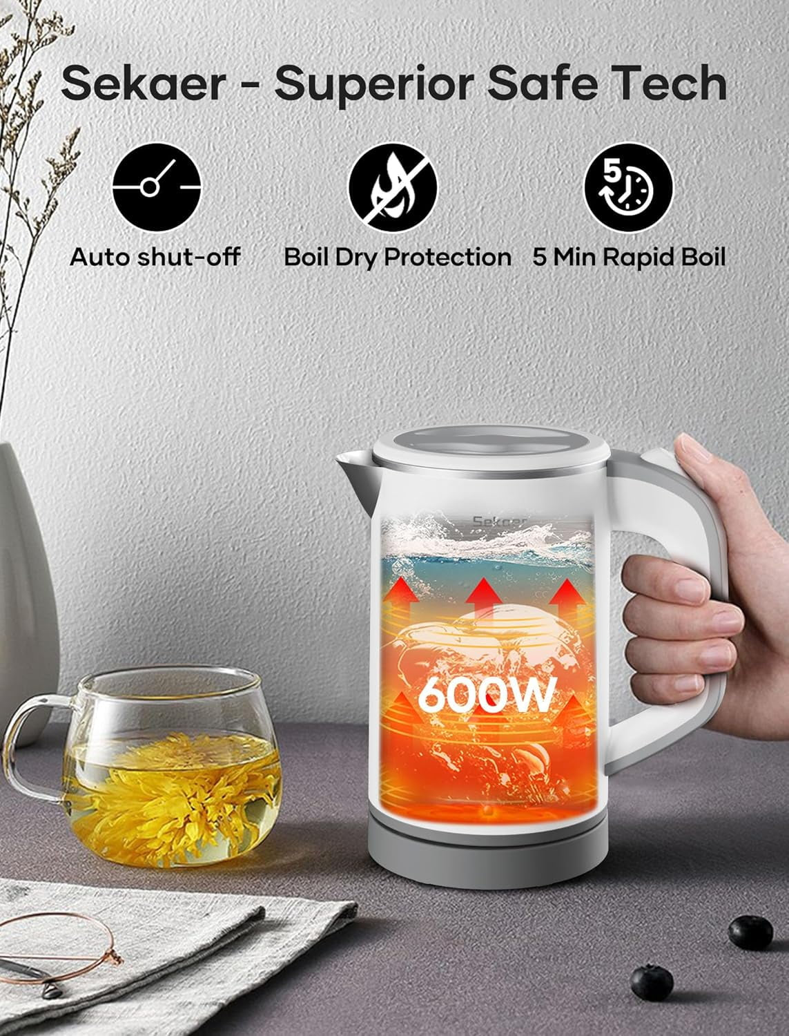 Travel Electric Tea Kettle with Auto Shut-Off & Boil Dry Protection, 304 Stainless Steel Mini Portable Water Kettle, Fast Heating Coffee Kettle, Perfect Holiday Gifts White