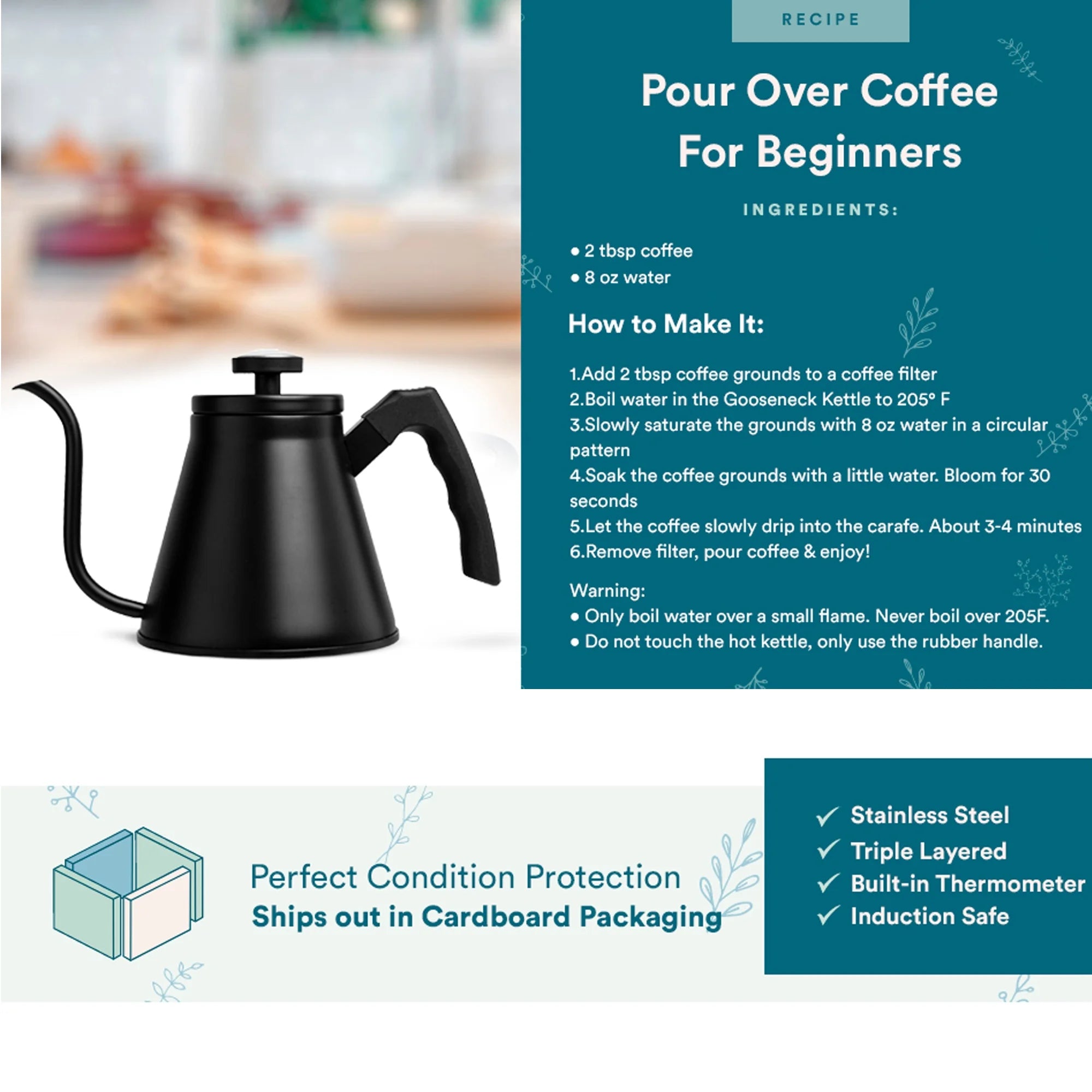 27 Oz Stainless Steel Stove Top Gooseneck Kettle with Temperature Thermometer