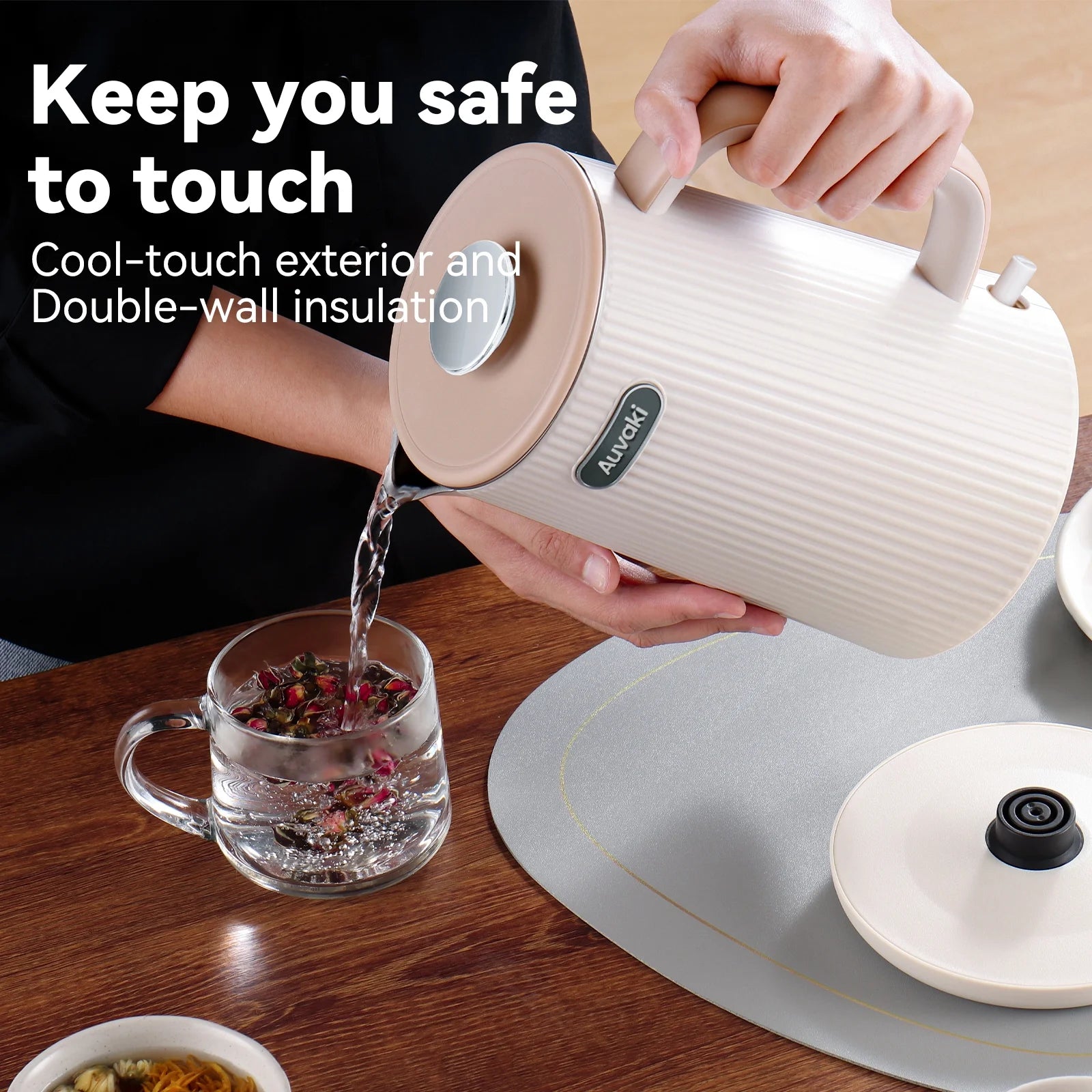 1.7L Electric Kettle, 1200W Stainless Steel Double Wall Water Boiler with Cool-Touch Handle & Auto Shut-Off, Cream White