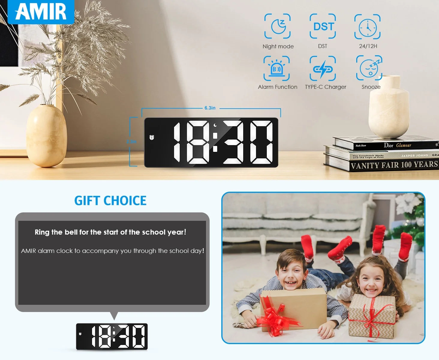 Alarm Clock,  Digital Alarm Clock with Brightness Adjustable DST 12/24H Snooze Alarm Clock for Bedroom Kids Office School