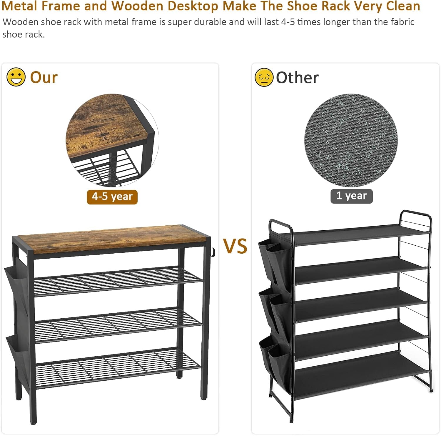 Shoe Rack for Entryway, 4-Tier Shoe Rack with Shoe Pockets and Hooks, Industrial Free Standing Shoe Racks for Entryway, Hallway, Front Door, Doorway, Living Room, Laundry, Closet, Rustic