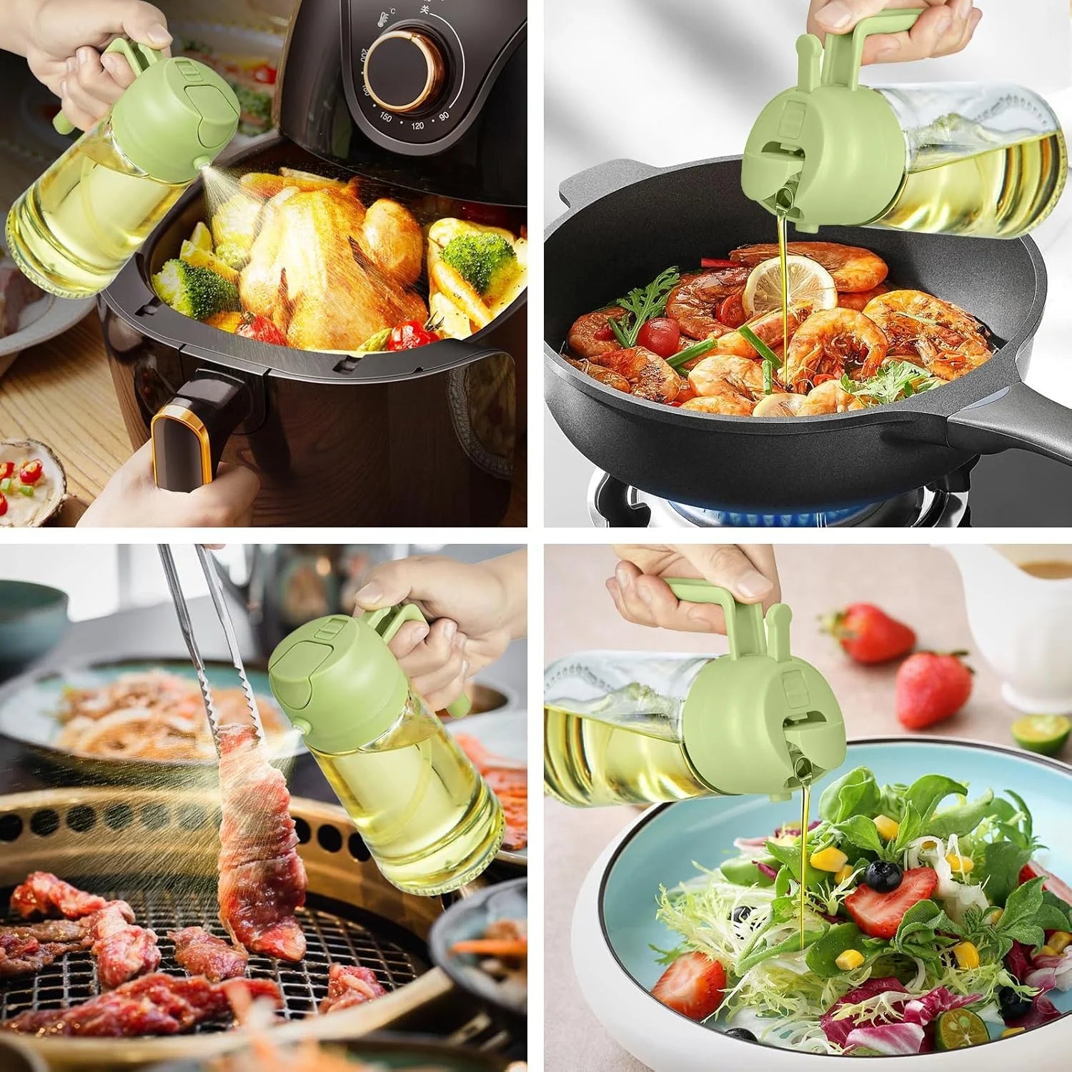 Oil Sprayer for Cooking, 2 in 1 Olive Oil Dispenser Bottle for Kitchen, 16Oz/470Ml Premium Glass Oil Bottle, Food-Grade Oil Mister for Air Fryer, Salad, Frying, BBQ (Green)