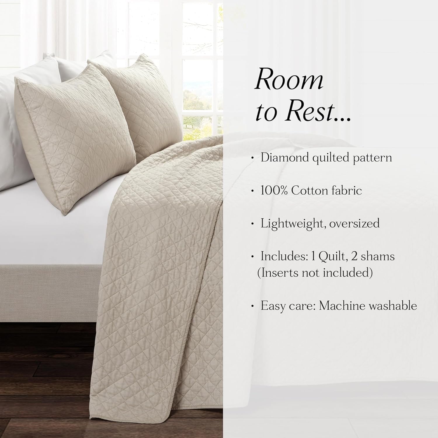 Ava Quilt Diamond Pattern Solid 3 Piece Oversized Bedding Blanket Bedspread Set - King - Neutral