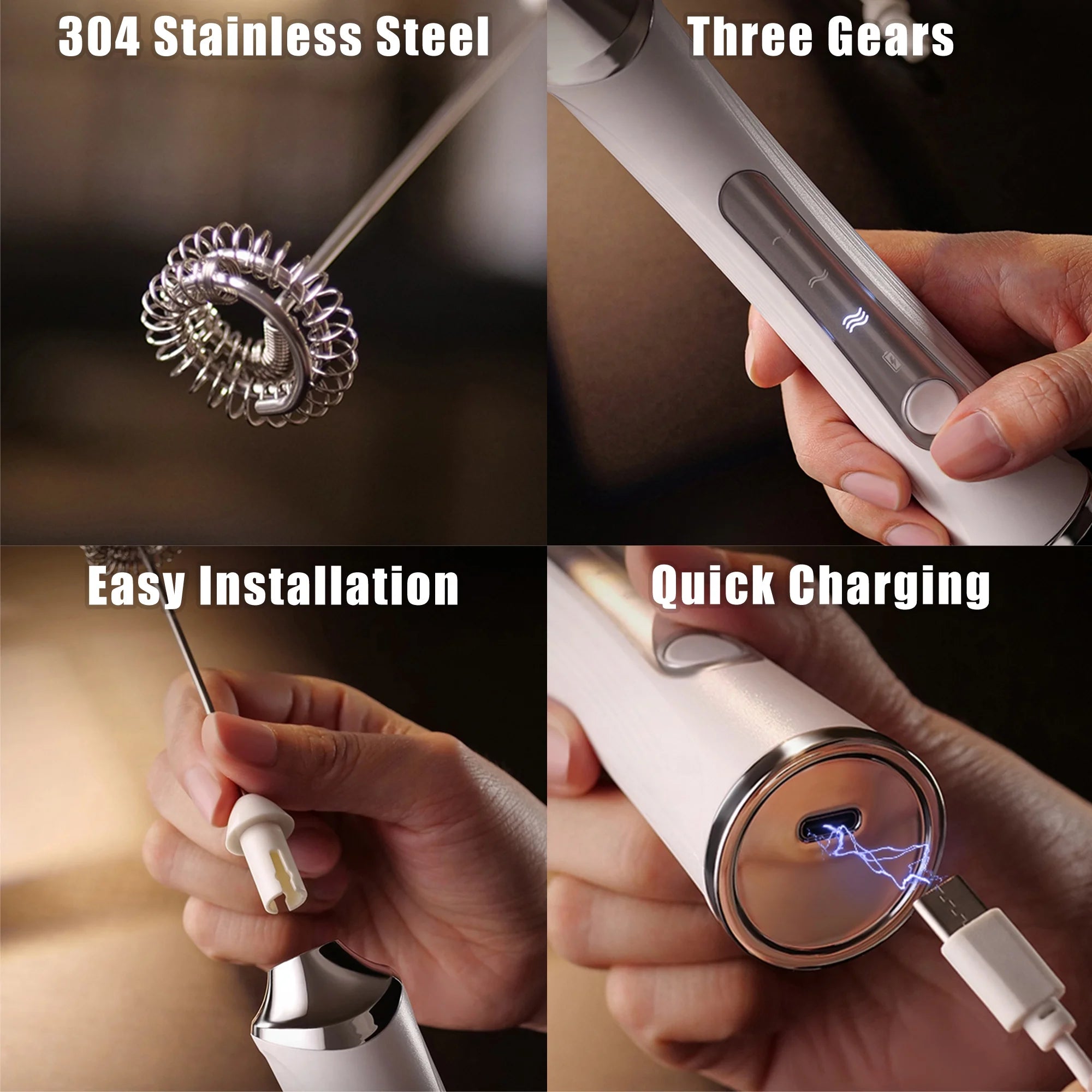 Electric Milk Frother, Rechargeable Handheld Electric Milk Frother with 2 Heads and 3 Speeds, White