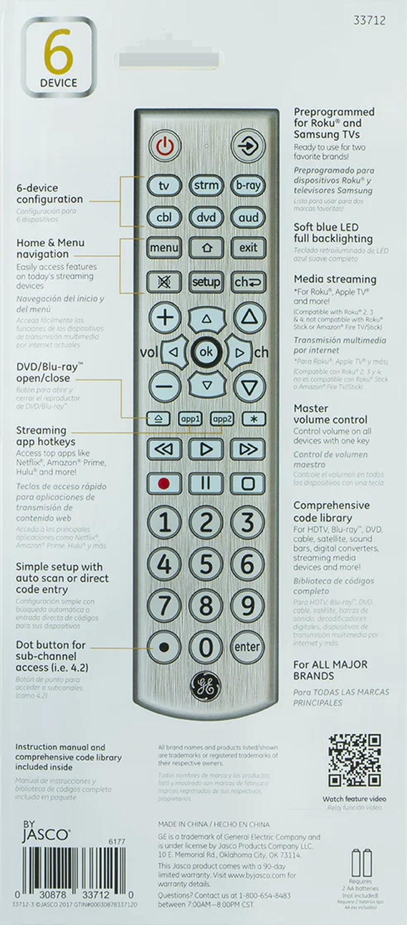 6-Device Backlit Big Button Universal TV Remote Control in Silver, 33712
