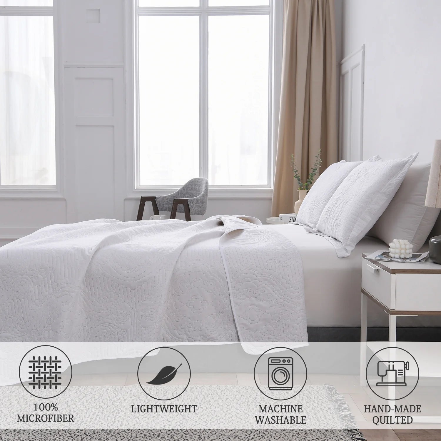 Quilt Set King White Solid Quilt Floral Microfiber Bedspread Coverlet