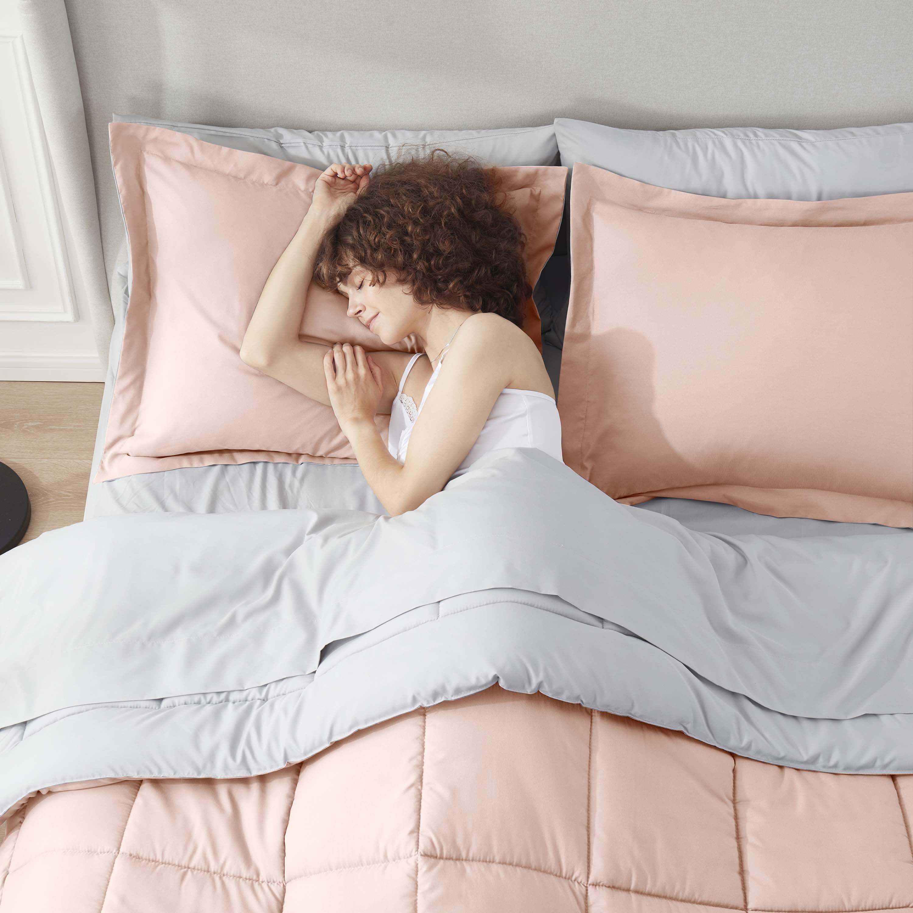 Full Comforter Set, 7Pc Bed in a Bag, Reversible Bedding Comforter Sets with Sheets, Peach Purple