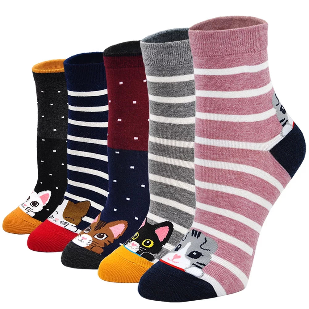 Womens Socks,  Crazy Funny Cute Socks for Women, Novelty Cartoon Dog Cat Animal Soft Cotton Crew Socks for Women Ladies, 5 Pairs
