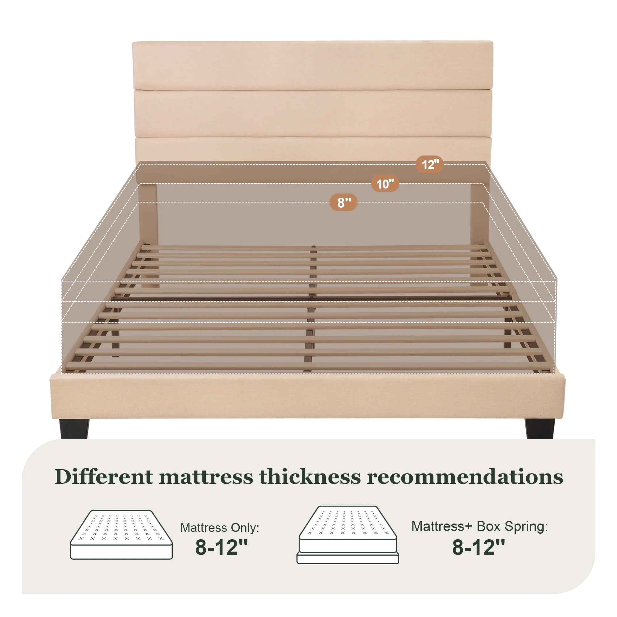 Full Bed Frame, Platform Bed Frame with Fabric Upholstered Headboard, Beige