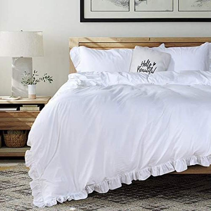 Washed Cotton Ruffled King Duvet Cover Set,Vintage White Shabby Boho Chic Ruffle Farmhouse Bedding Comforter Quilt Cover 3 Pieces Aesthetic French Country Cottage King Bedding