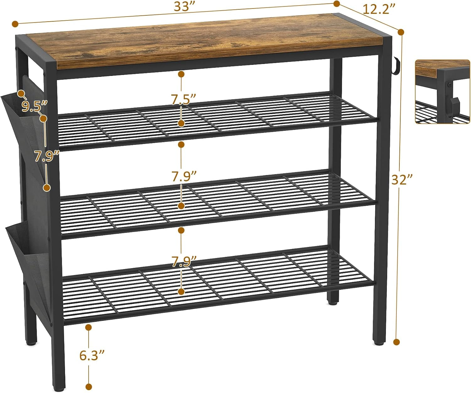 Shoe Rack for Entryway, 4-Tier Shoe Rack with Shoe Pockets and Hooks, Industrial Free Standing Shoe Racks for Entryway, Hallway, Front Door, Doorway, Living Room, Laundry, Closet, Rustic