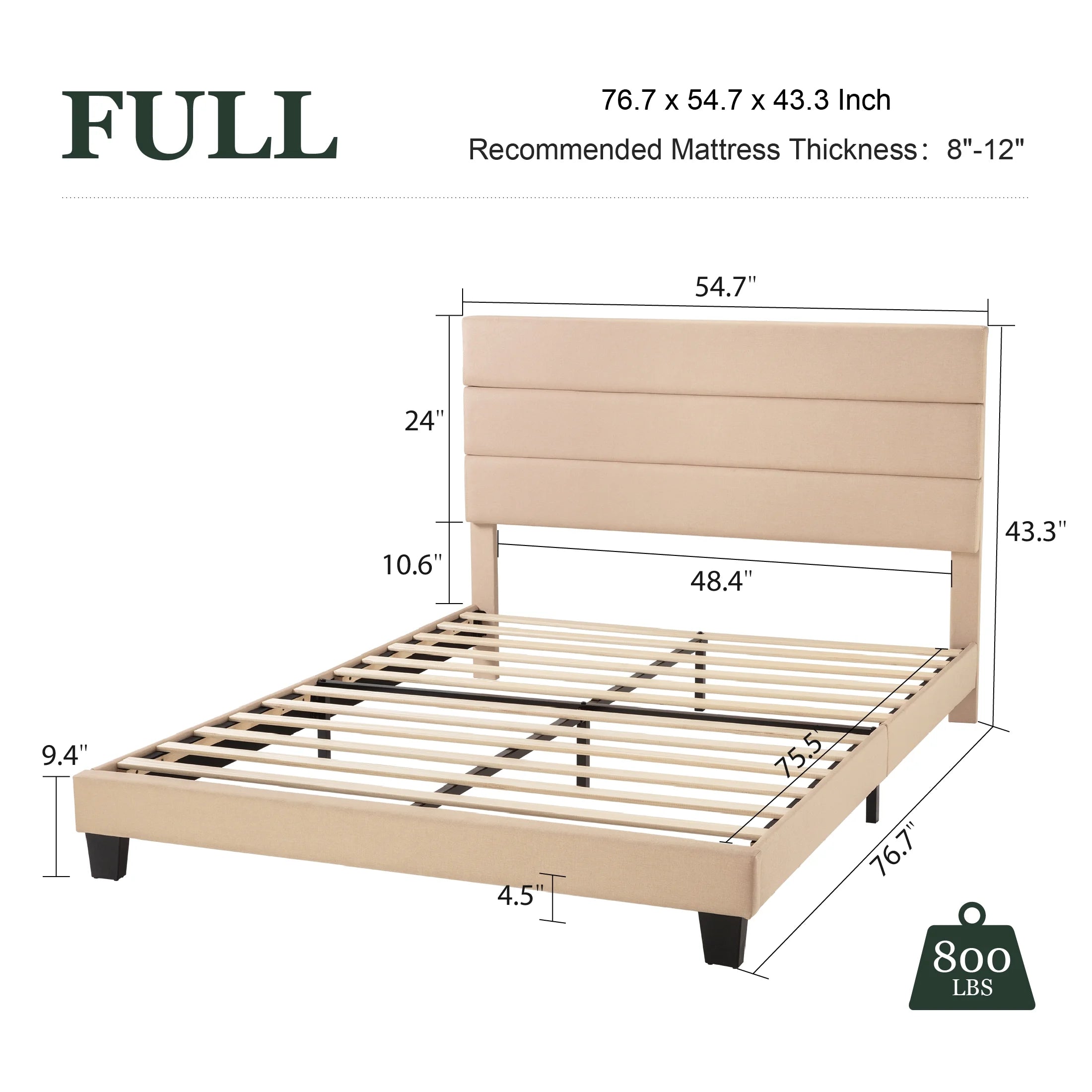 Full Bed Frame, Platform Bed Frame with Fabric Upholstered Headboard, Beige