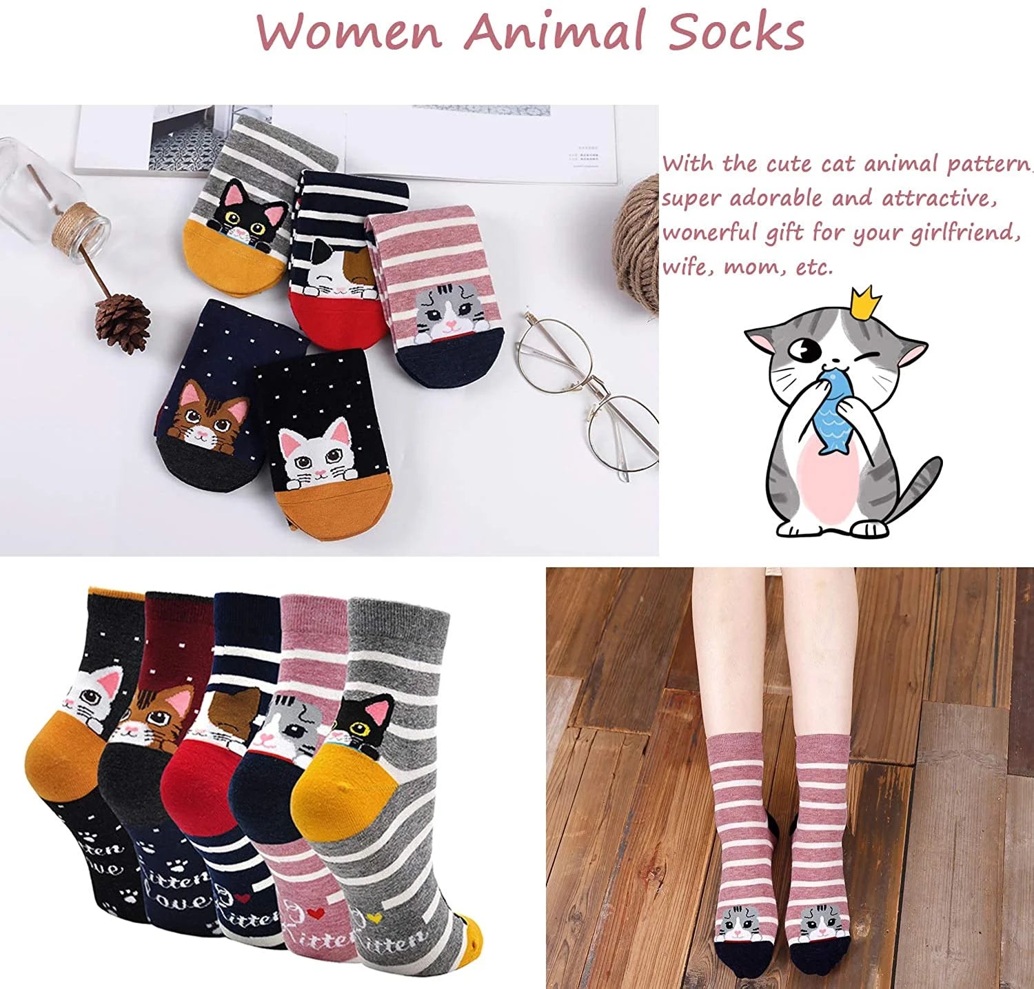 Womens Socks,  Crazy Funny Cute Socks for Women, Novelty Cartoon Dog Cat Animal Soft Cotton Crew Socks for Women Ladies, 5 Pairs