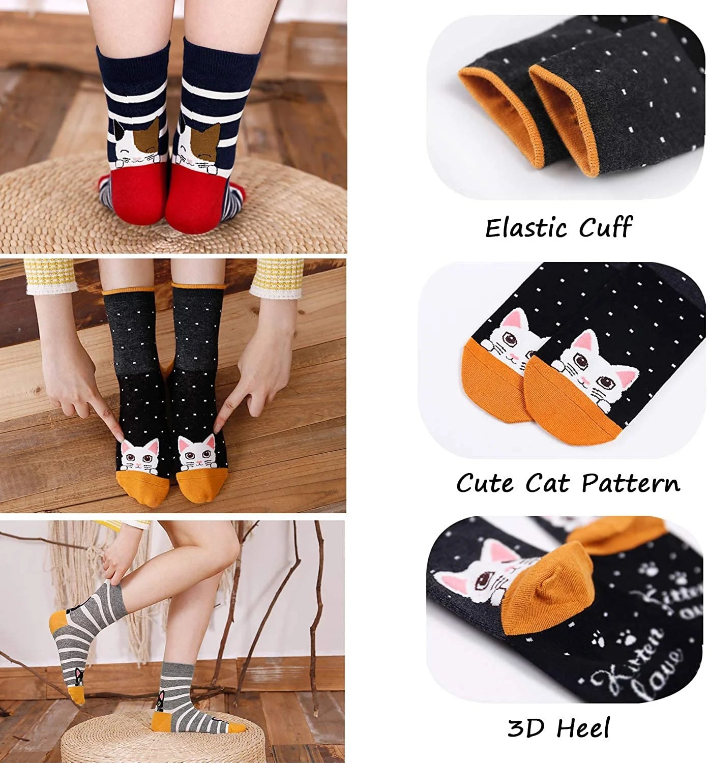 Womens Socks,  Crazy Funny Cute Socks for Women, Novelty Cartoon Dog Cat Animal Soft Cotton Crew Socks for Women Ladies, 5 Pairs
