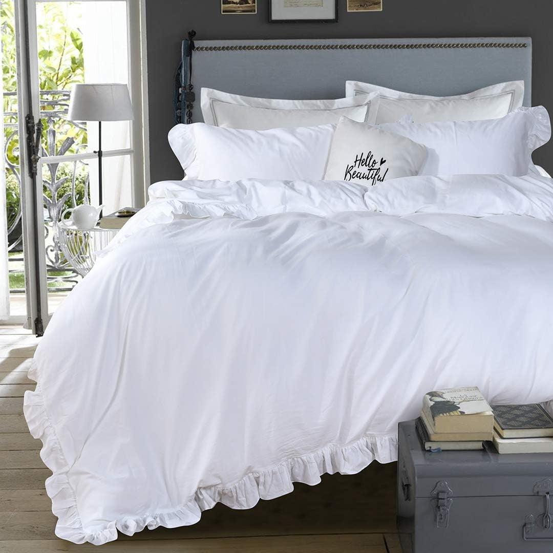 Washed Cotton Ruffled King Duvet Cover Set,Vintage White Shabby Boho Chic Ruffle Farmhouse Bedding Comforter Quilt Cover 3 Pieces Aesthetic French Country Cottage King Bedding