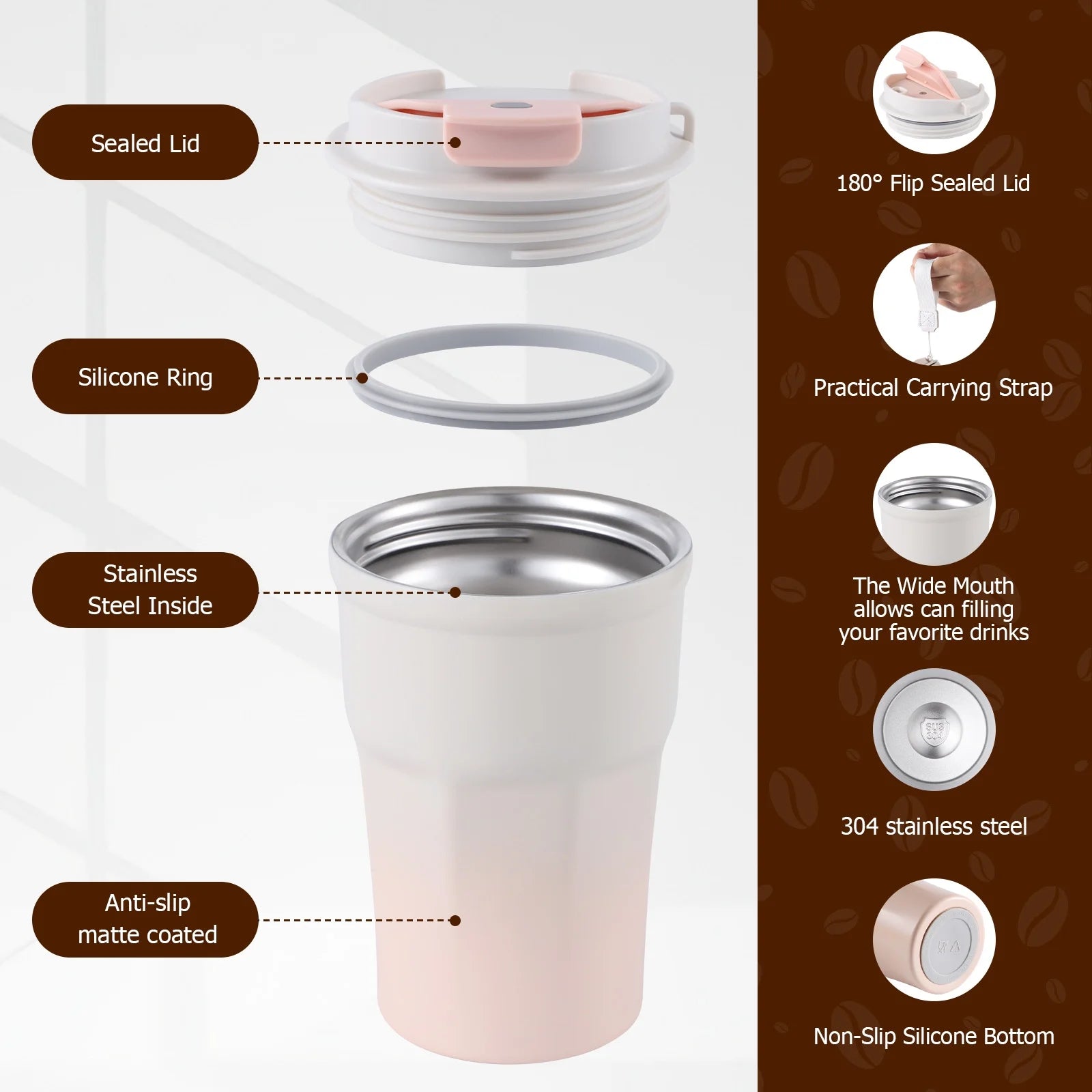 360 Ml/12Oz Coffee Tumbler, Double Walled Stainless Steel Insulated Travel Coffee Mug