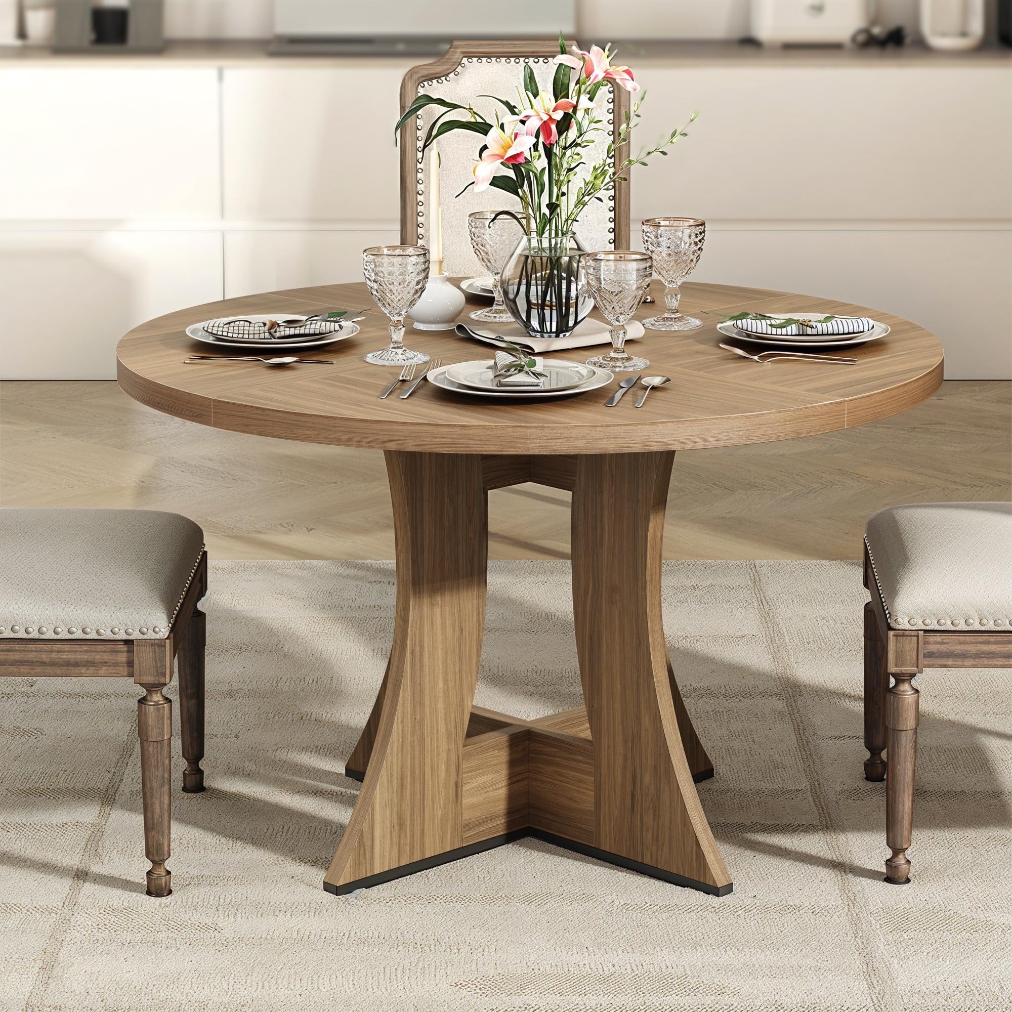 round Dining Table for 4 Persons 47" Kitchen Table for Dining Room Kitchen, Walnut (Only Table)