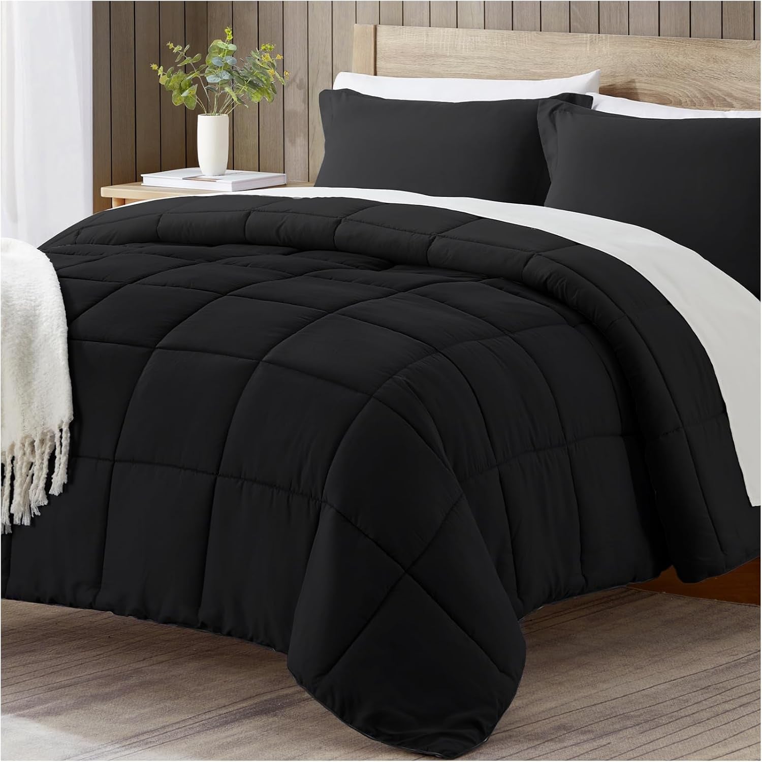 Oversized Queen Comforter Set, Black Bedding Comforters Oversized Queen, 3 Pieces down Alternative Bed Comforter Lightweight, Soft Bed Set Breathable Solid Black All Season Bedding Sets