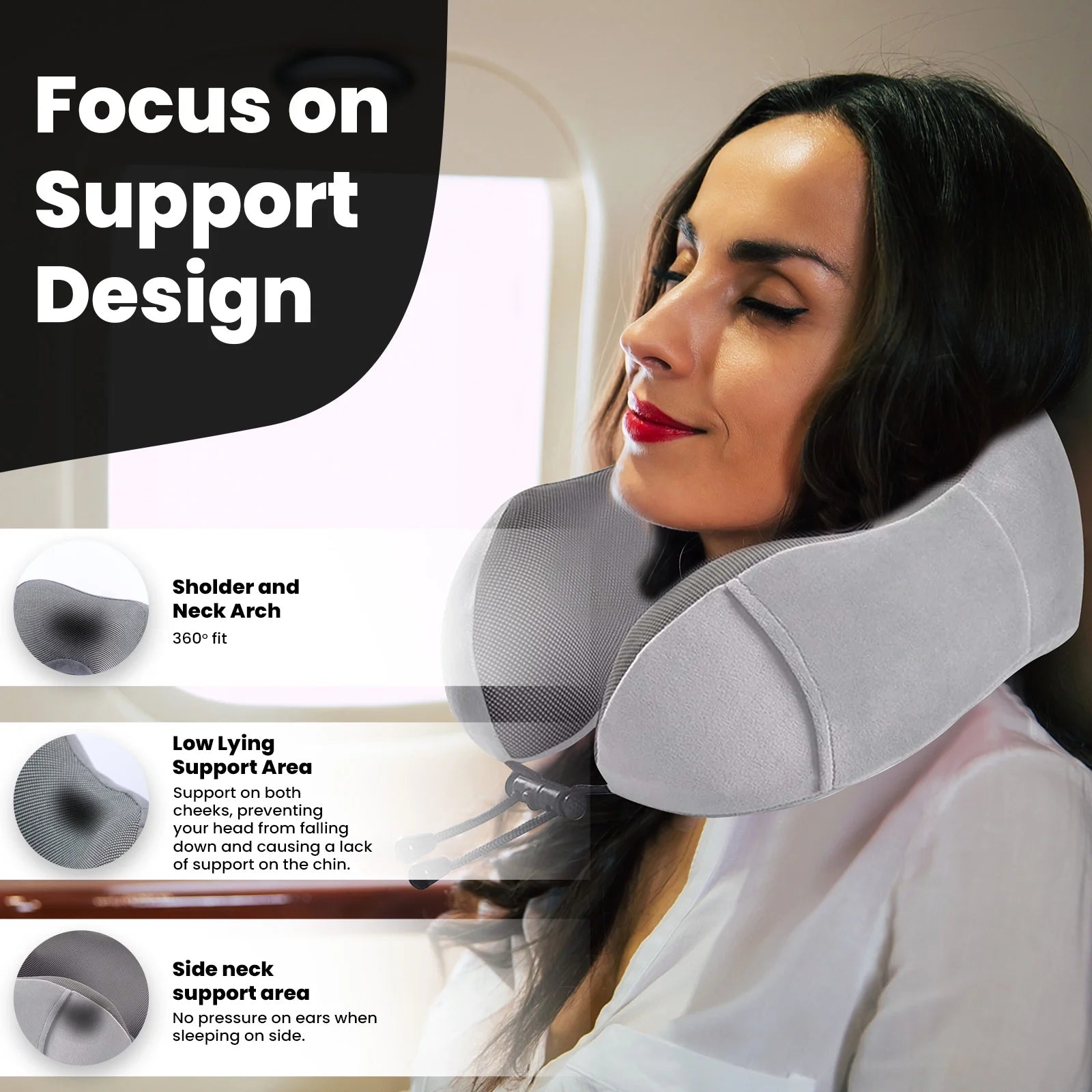 Neck Pillow for Traveling, Upgraded Travel Neck Pillow for Airplane 100% Pure Memory Foam Travel Pillow for Flight Headrest Sleep, Portable Plane Accessories, Grey