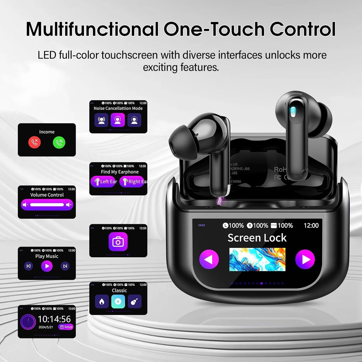 Wireless Earbuds, Bluetooth 5.4 Headphones Multi-Function Touch Screen Ear Buds with ENC Noise Cancelling Micclear Calls Earphones, 48H In-Ear Earbud Bass Stereo with 5 EQ Modes, IPX7