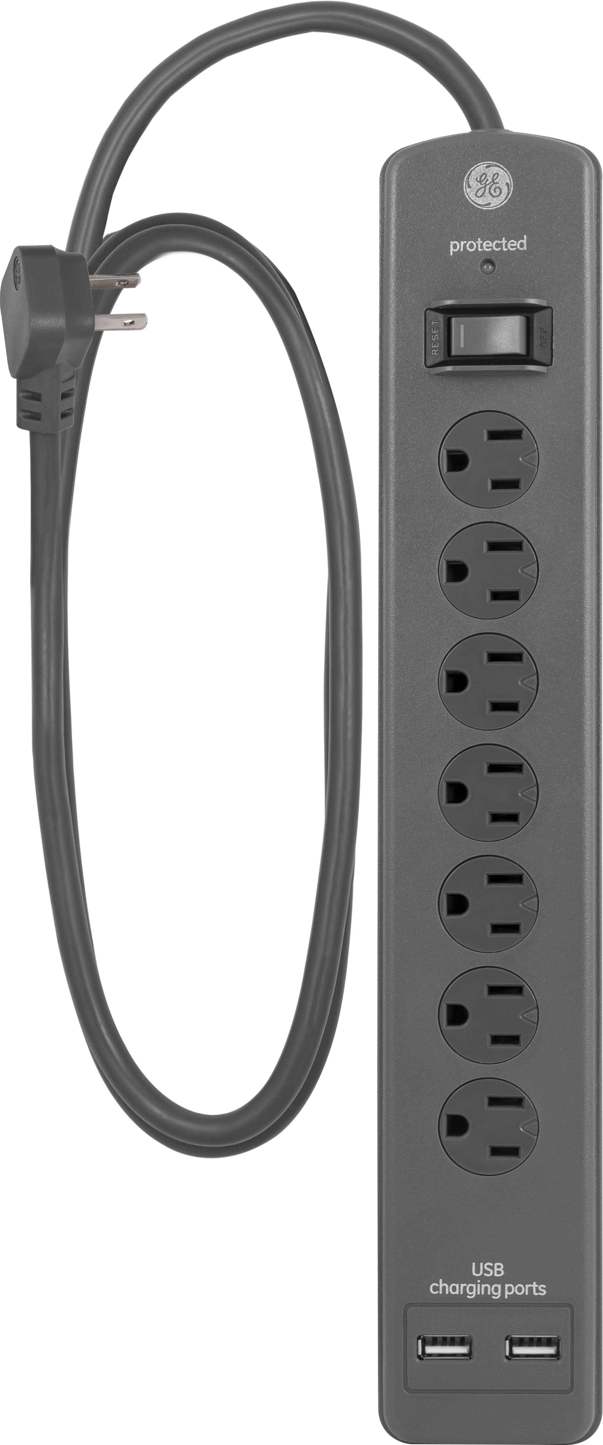 4Ft 7-Grounded Outlet Sur Protector, 2 USB, Gray - 53276