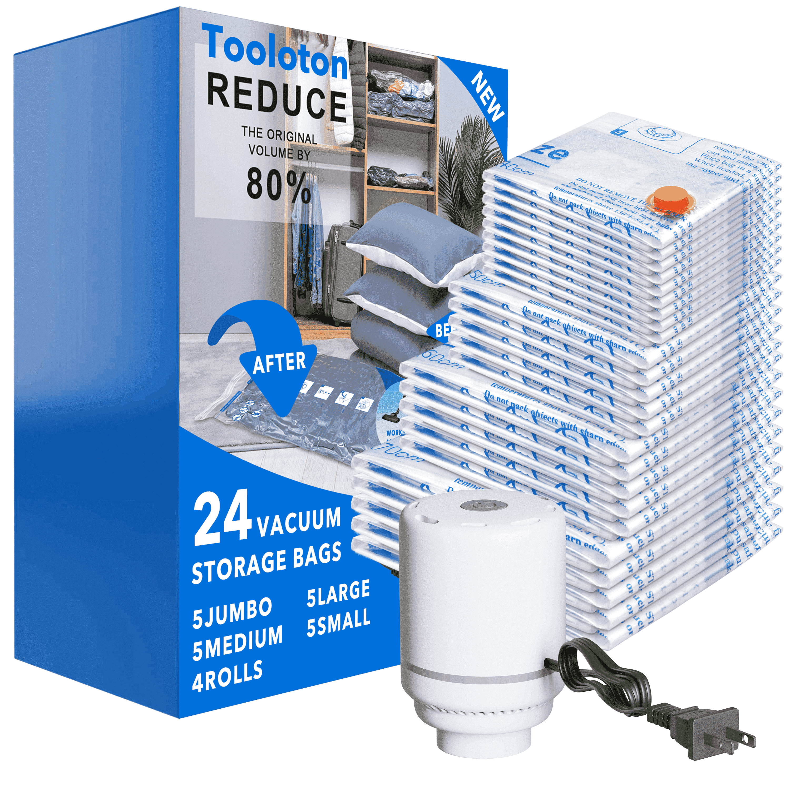 24 Pack Vacuum Storage Bags with Electric Pump, 5 Jumbo, 5 Large, 5 Medium, 5 Small, 4 Roll up Bags