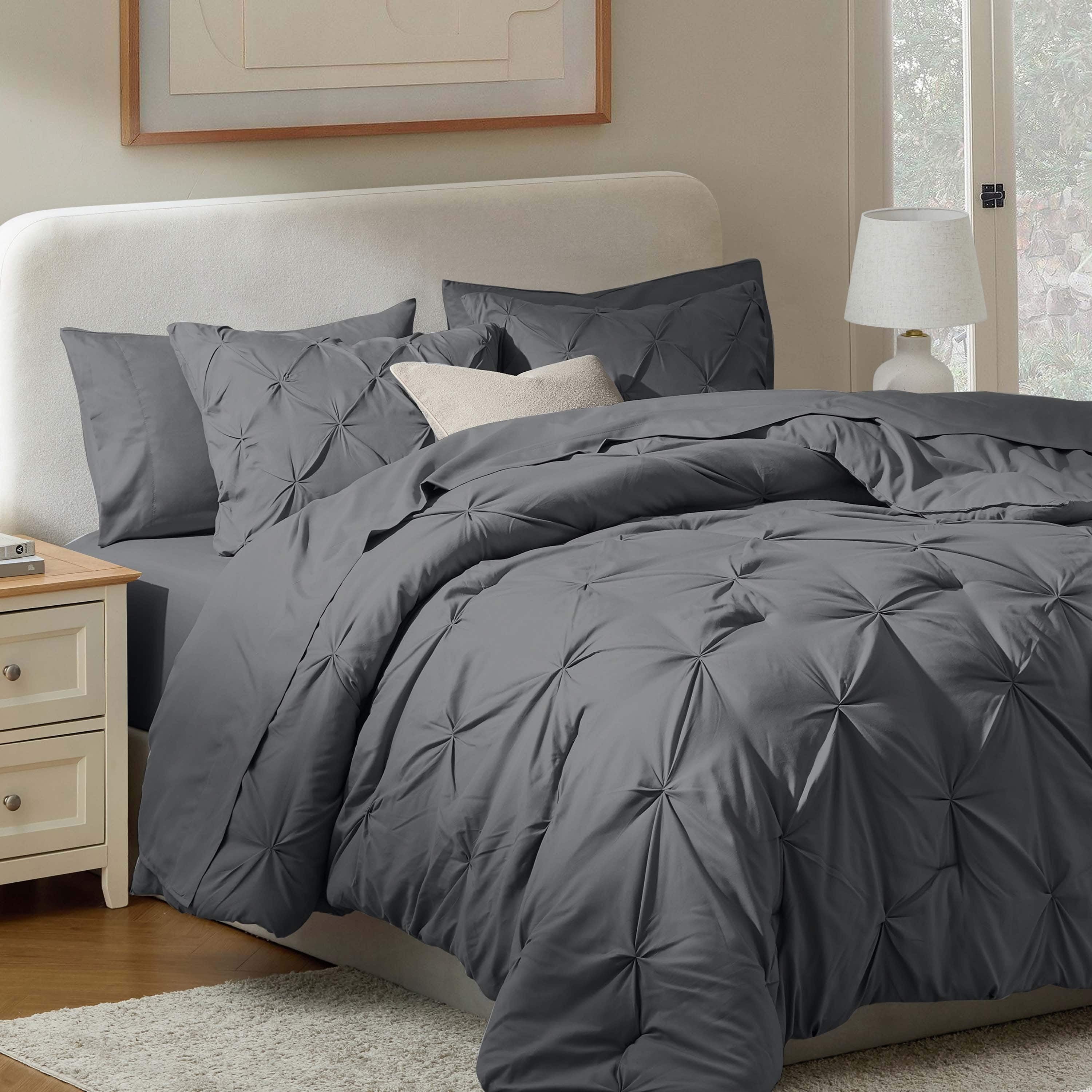Virtu California King Comforter Set, Bed in a Bag 7 Pc Pleated Bedding Set, Dark Grey