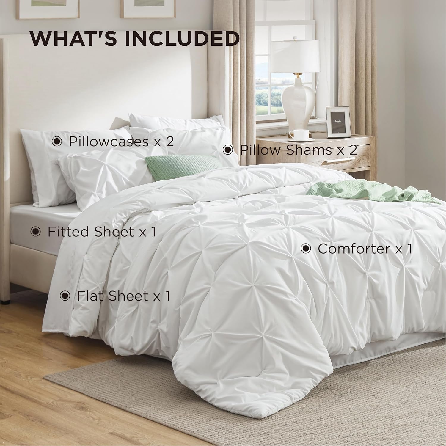 King Size Comforter Set White - Bed in a Bag King Size 7 Pieces, Gentlesoft™ Pintuck Bed Set Gift for Family, Pinch Pleat White Comforter with Sheets, Pillowcases & Shams