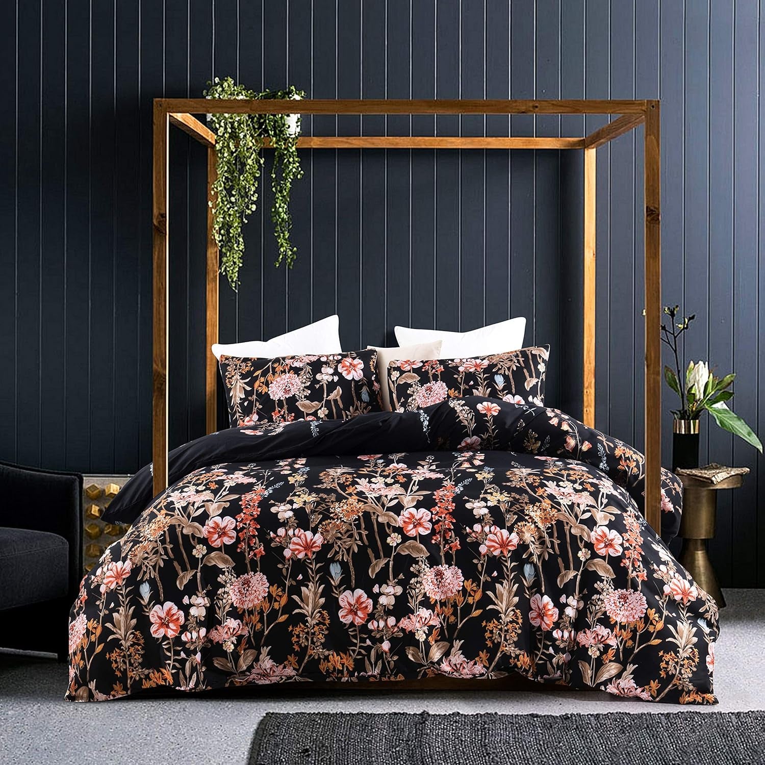 Black Floral Duvet Cover Set Twin Comforter Cover Set 2 Pieces Bedding (1 Comforter Cover 68"X90" with 1 Pillow Sham) Soft Lightweight Bedding Set Hotel Quality