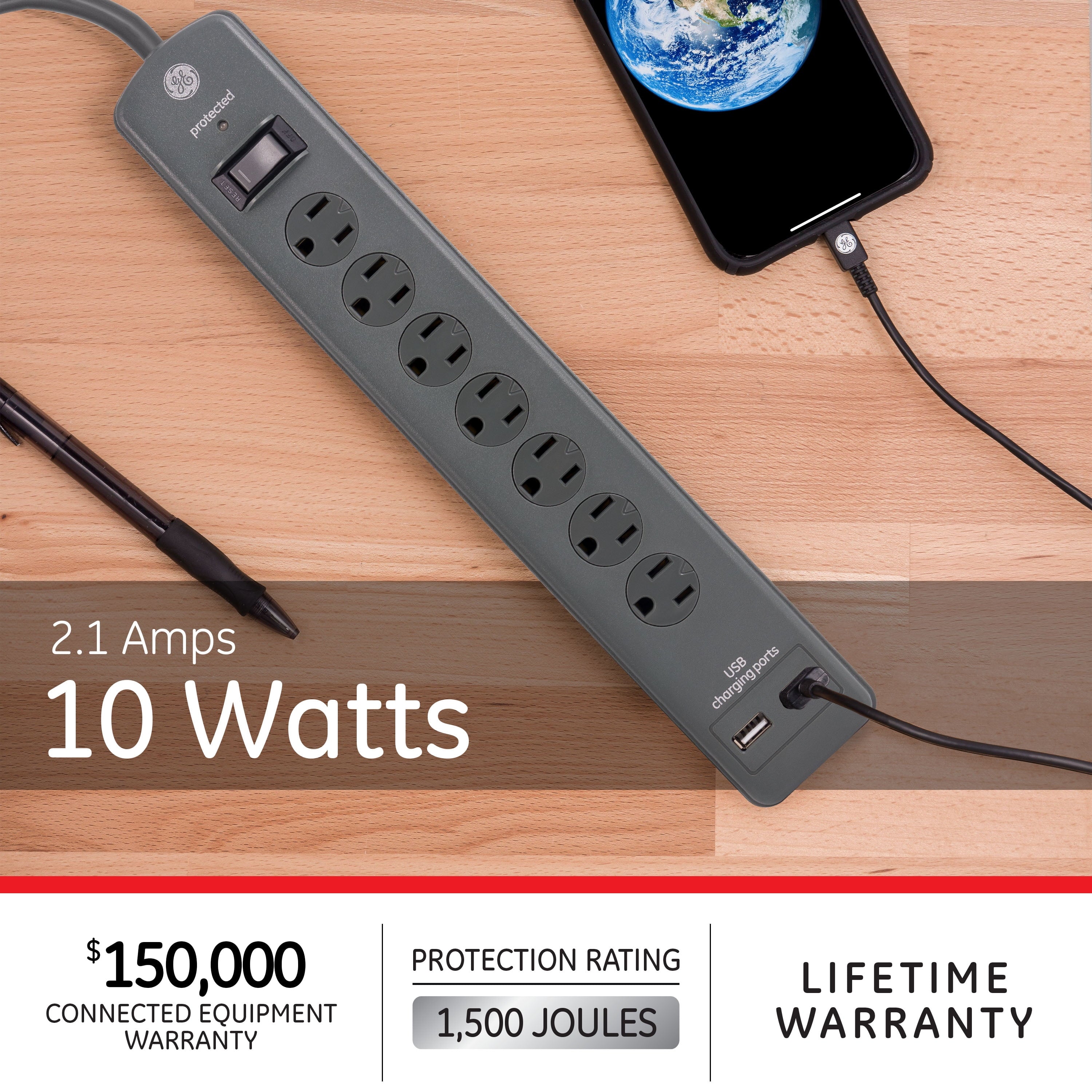 4Ft 7-Grounded Outlet Sur Protector, 2 USB, Gray - 53276