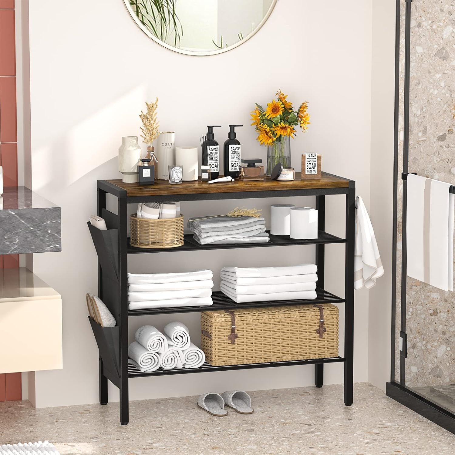 Shoe Rack for Entryway, 4-Tier Shoe Rack with Shoe Pockets and Hooks, Industrial Free Standing Shoe Racks for Entryway, Hallway, Front Door, Doorway, Living Room, Laundry, Closet, Rustic