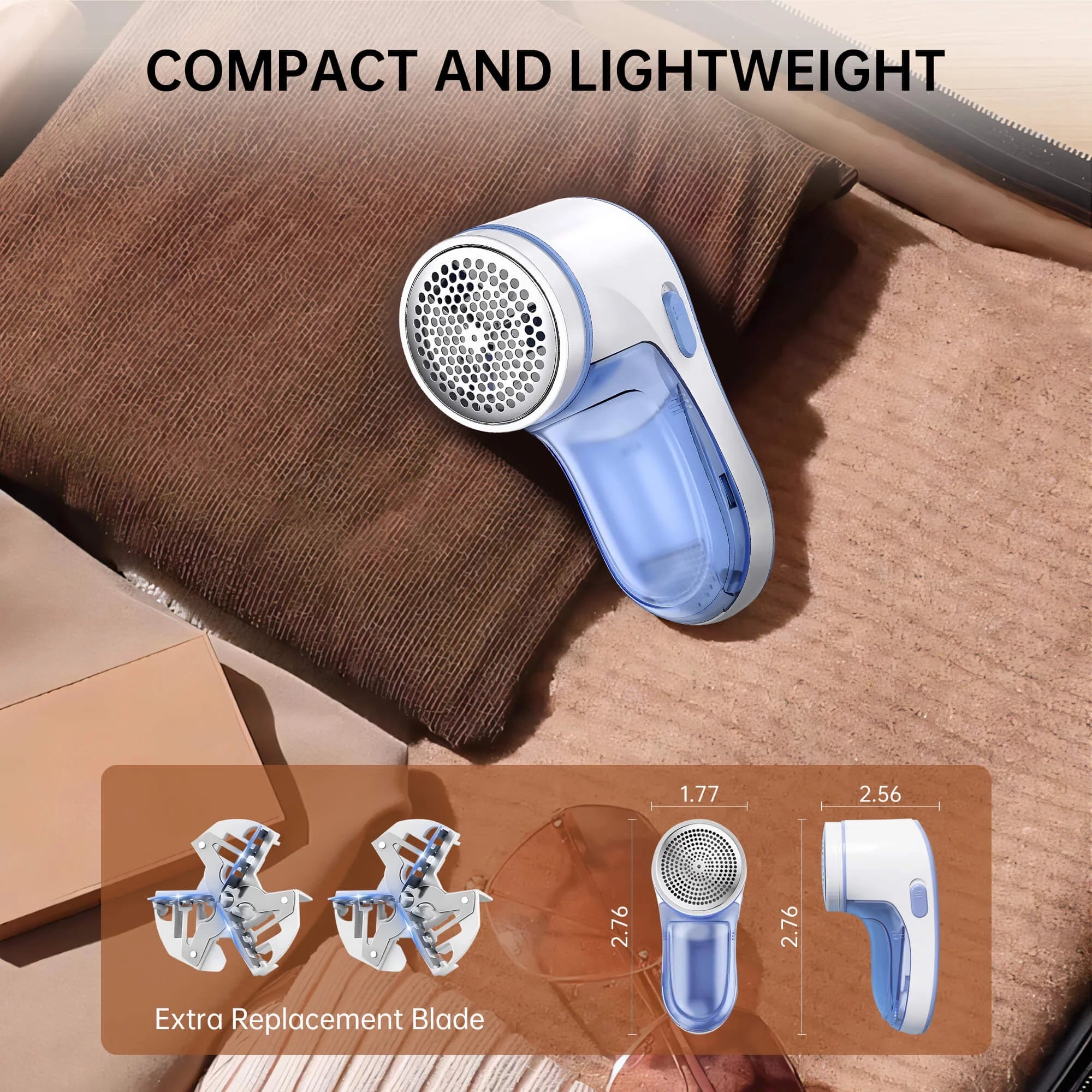 Lint Remover Rechargeable, Electric Portable Sweater Defuzzer with 2 Spare Blades, Blue
