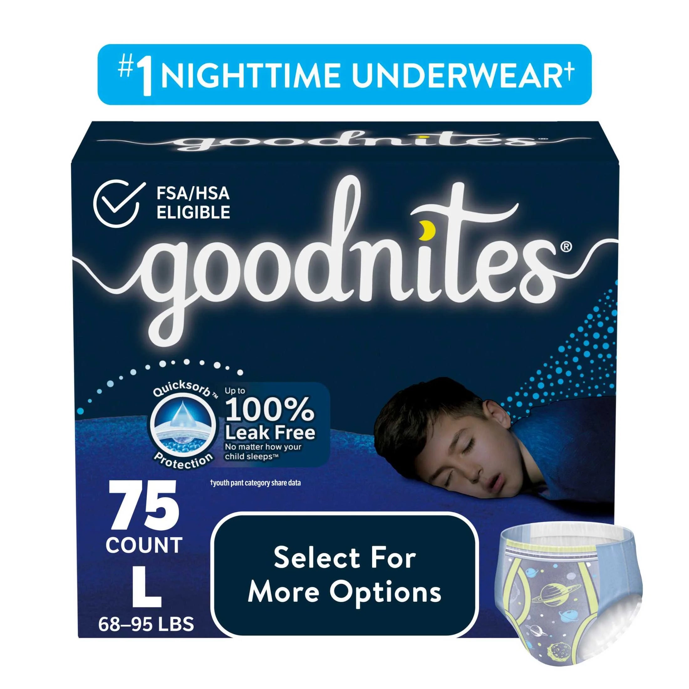 Bedwetting Underwear for Boys, L (68-95 Lbs), 75 Count (Select for More)