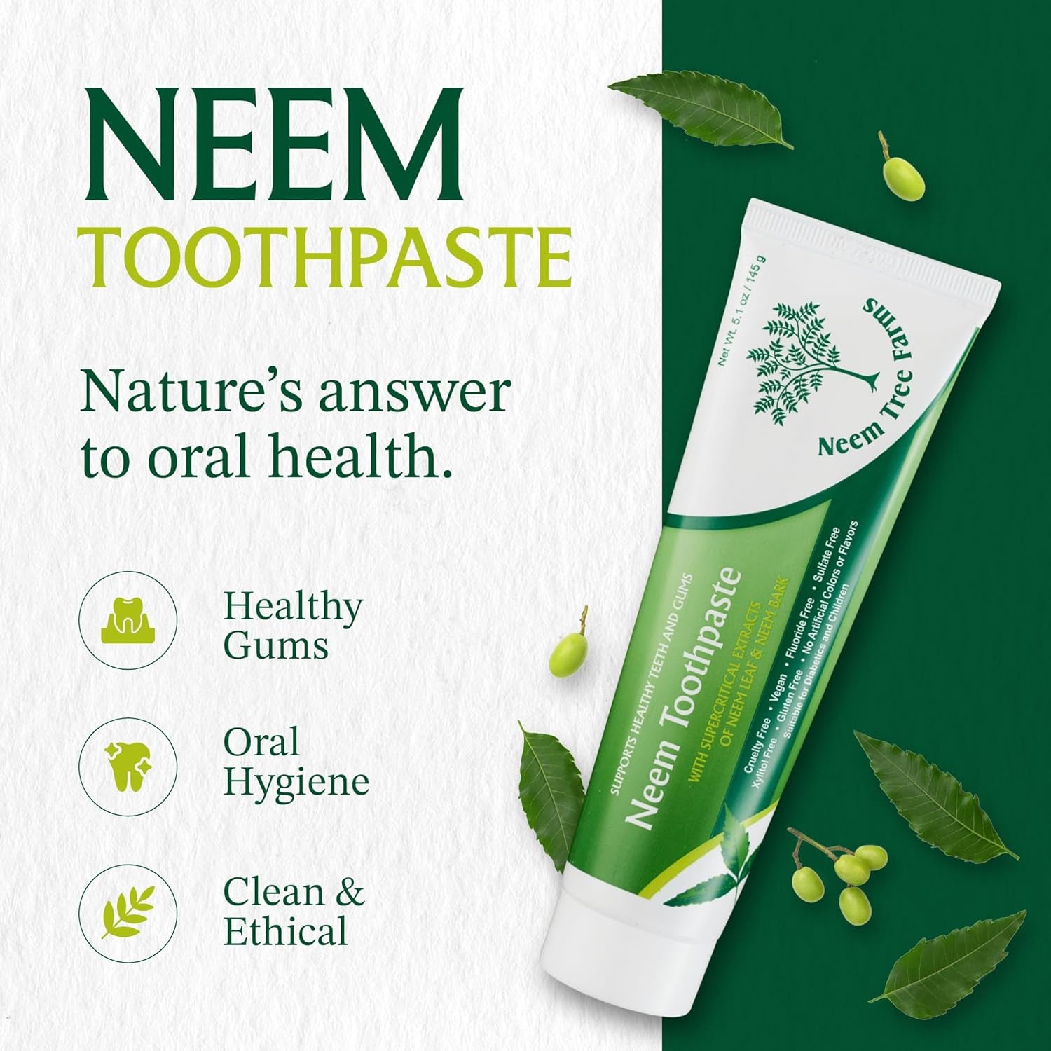 Neem Fluoride Free Toothpaste - Adult and Children Friendly - 100% Vegan Natural Toothpaste, Gluten Free, No Artificial Ingredients - Supports Daily Gum Care - with Clove & Stevia (4 Pack)