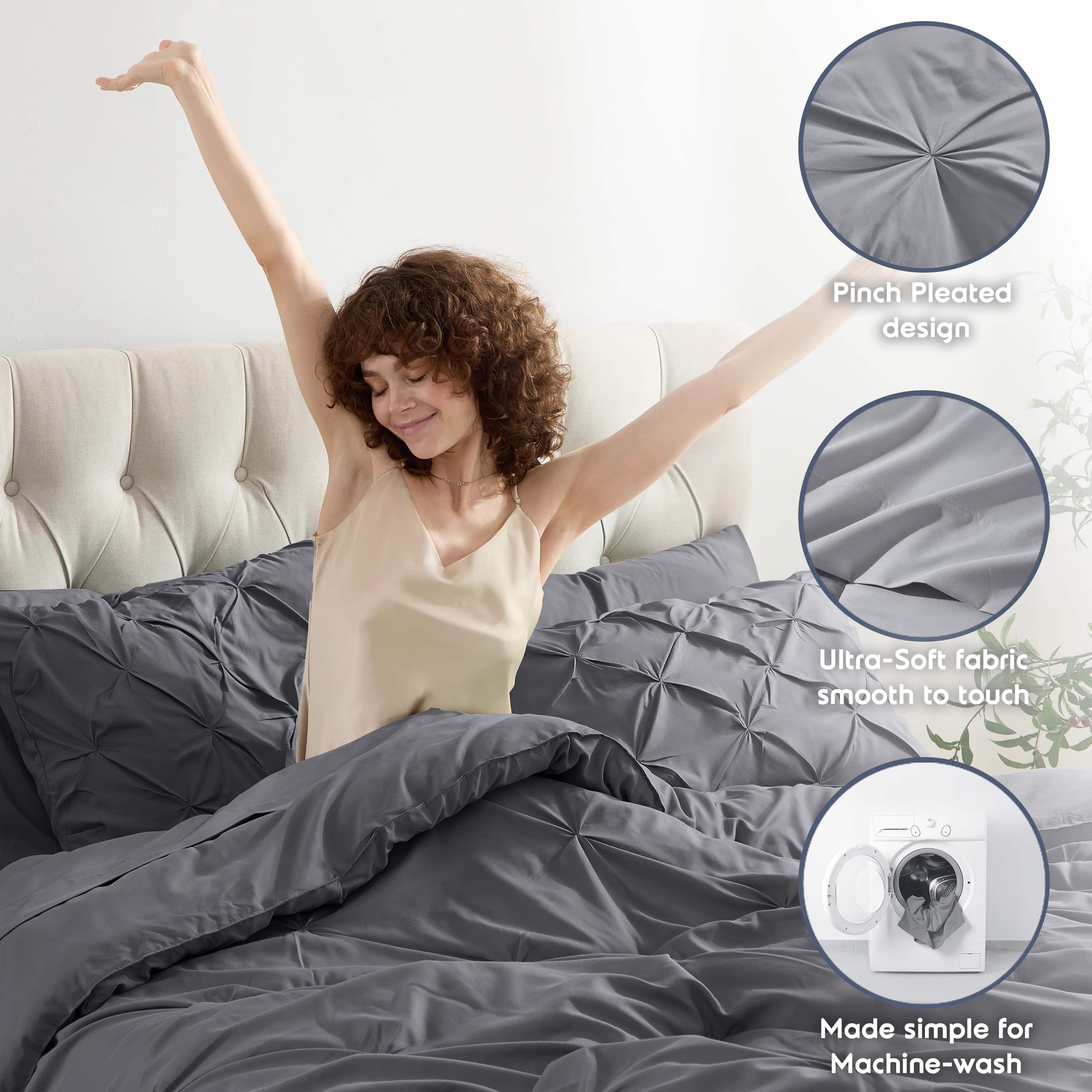 Virtu California King Comforter Set, Bed in a Bag 7 Pc Pleated Bedding Set, Dark Grey