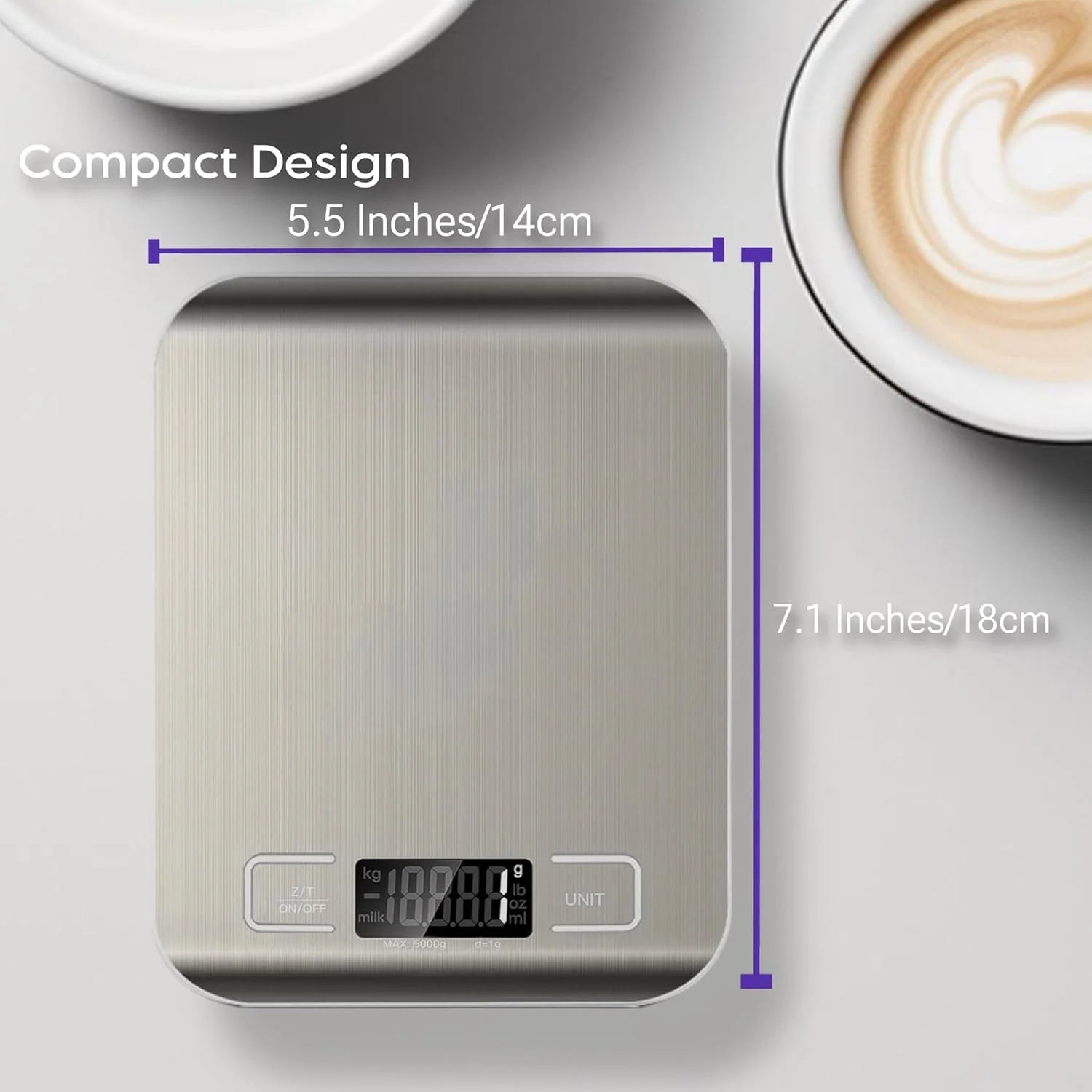 Food Scale Digital Kitchen Scale with 1G/0.05Oz Precise Graduation, 5 Units LCD Display Scale for Cooking/Baking in KG, G, Oz, Ml, and Lb, Easy Clean Stainless Steel and Tempered Glass