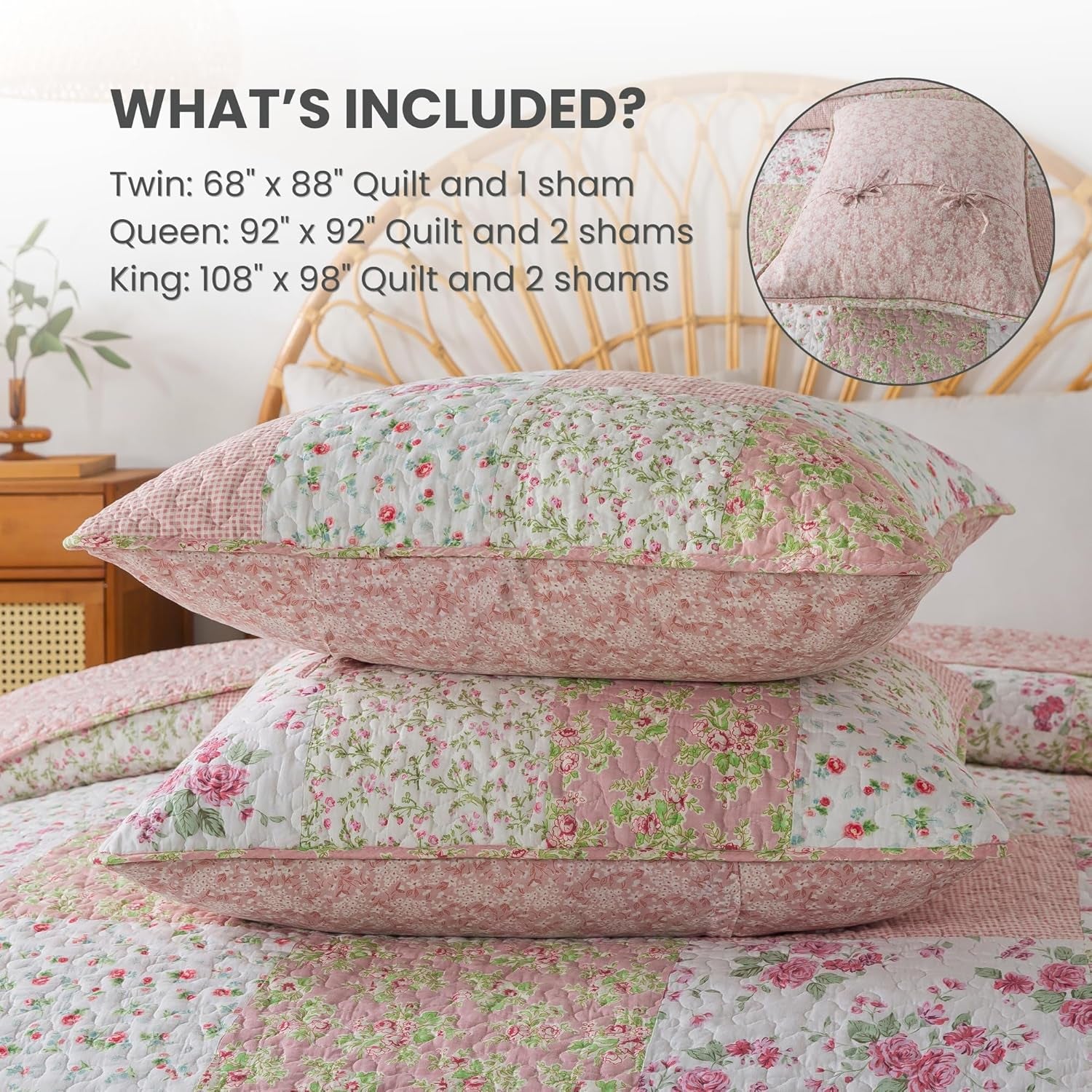Blush Bloom Cotton Quilt Set - Queen Size with 2 Shams, Floral Patchwork Quilted Comforter, Lightweight Country Pieced Bedspread in Blush and Pink, Roses Patch Work Bedding