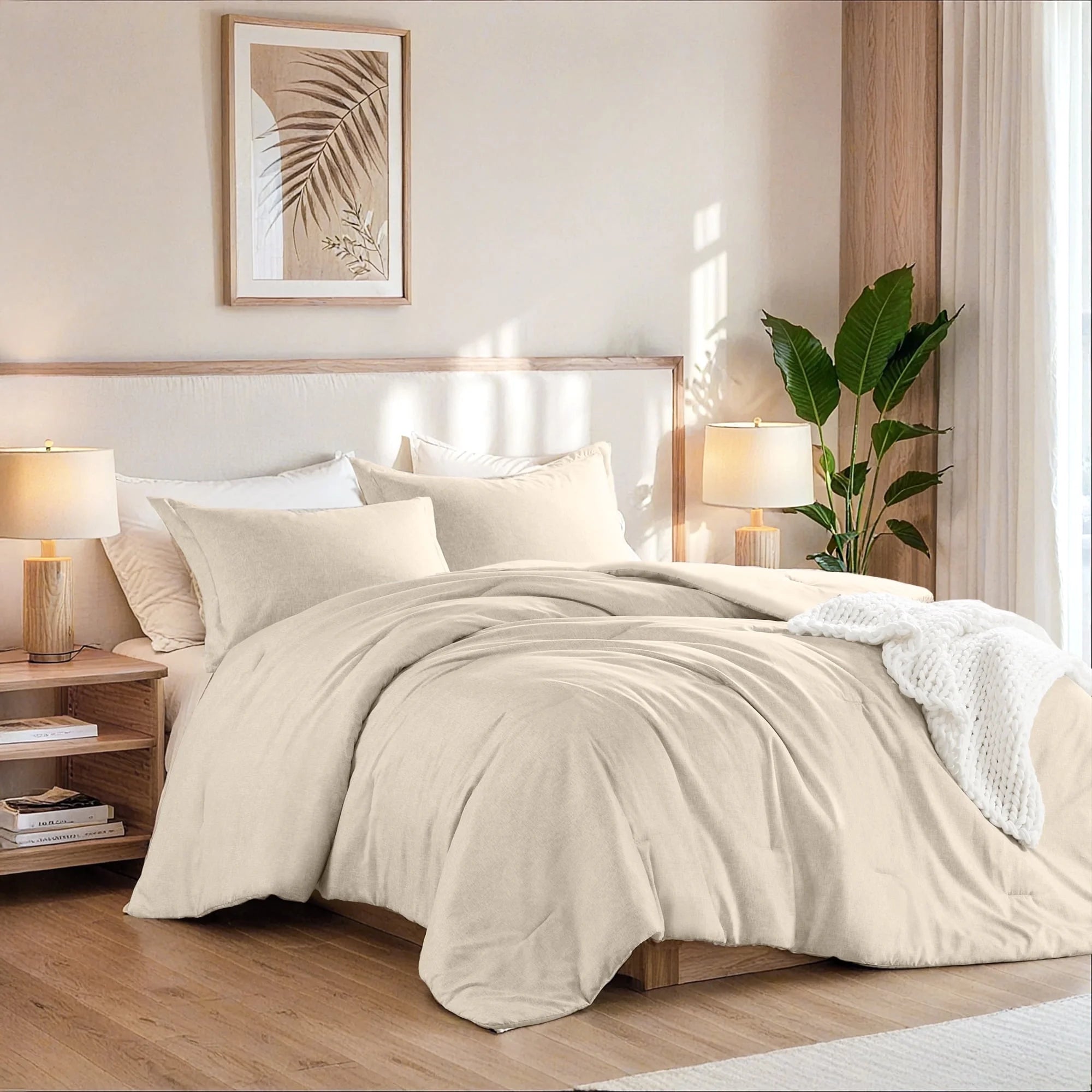 Full/Queen Comforter Sets, Reversible 3 Piece Extra Soft Bedding Set, Chambray Print Neutral Comforter Bed Set with Pillow Shams