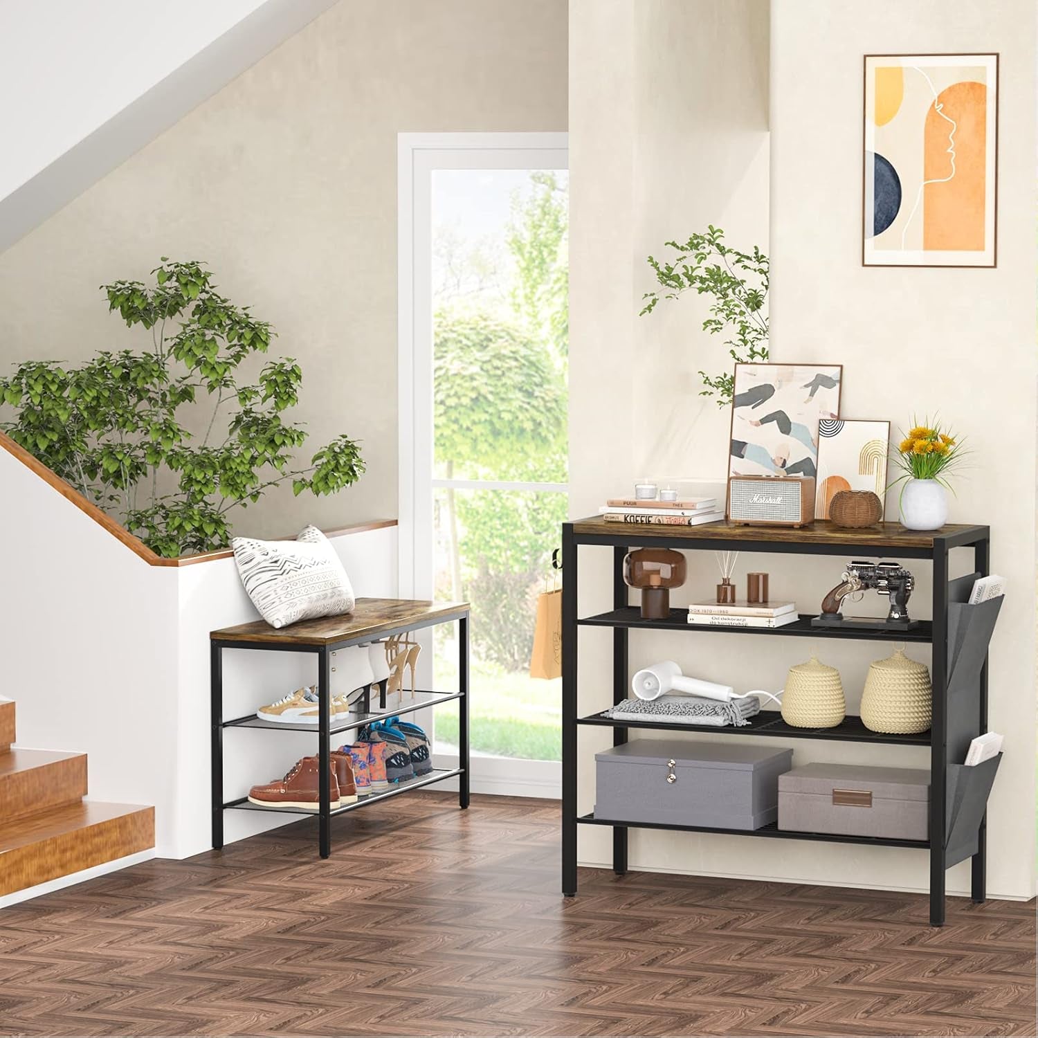 Shoe Rack for Entryway, 4-Tier Shoe Rack with Shoe Pockets and Hooks, Industrial Free Standing Shoe Racks for Entryway, Hallway, Front Door, Doorway, Living Room, Laundry, Closet, Rustic