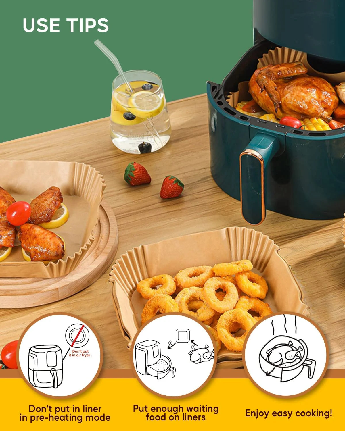 Air Fryer Paper Liners, 6.3 in Square, 130 Count, Unbleached, Non-Stick, Oil-Proof, Disposable