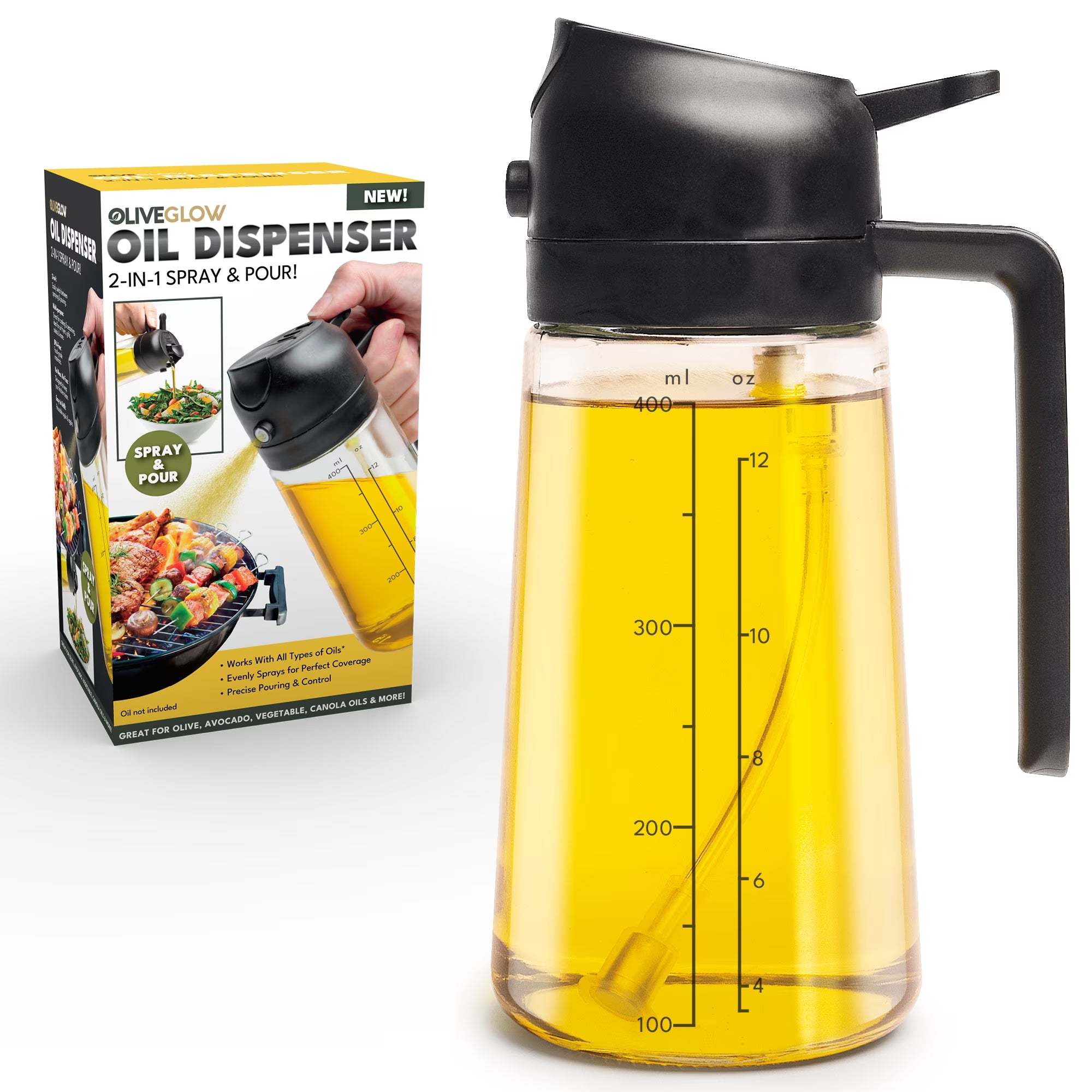 2-In-1 Oil Spray & Pour Dispenser, Leakproof and Refillable Glass Bottle for Cooking