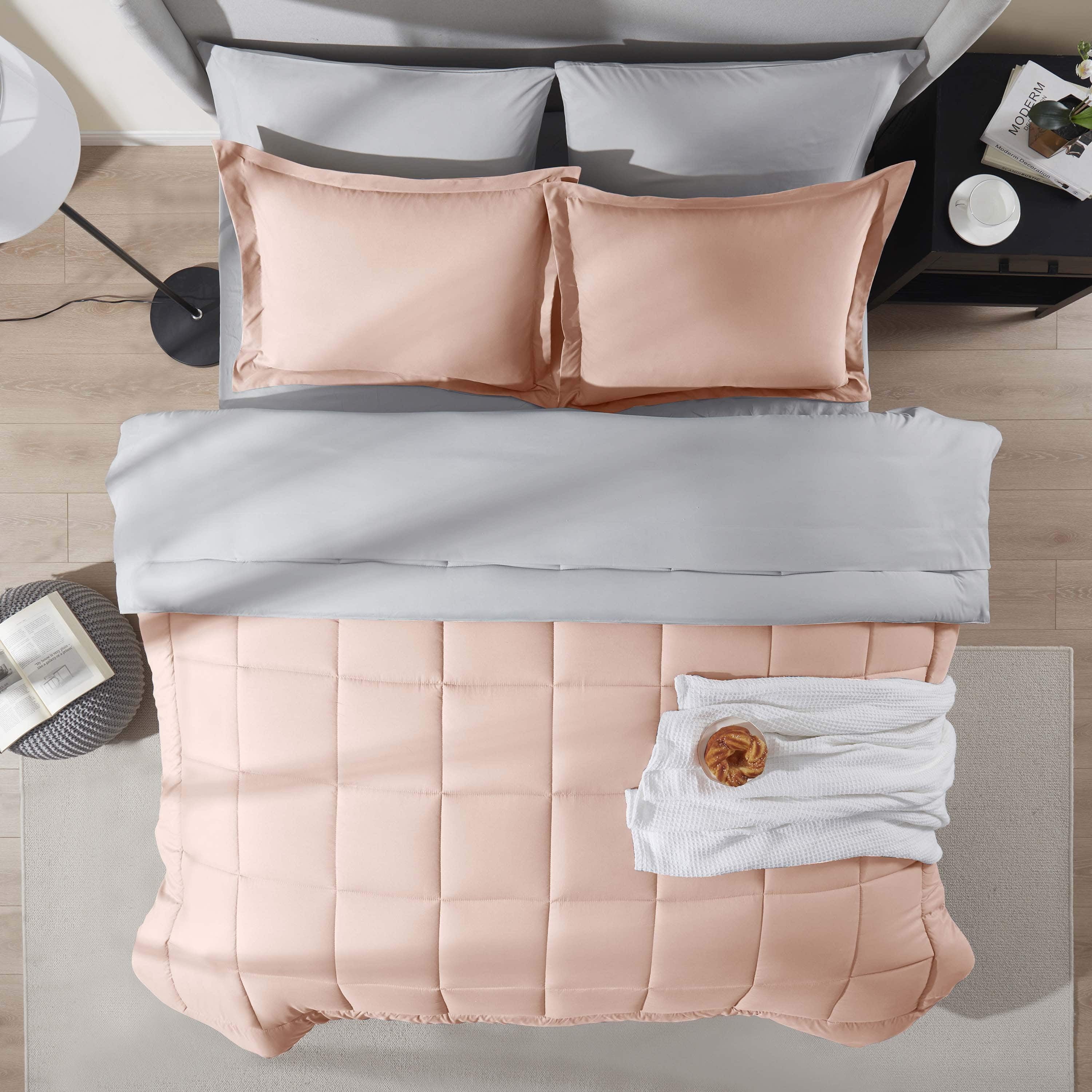 Full Comforter Set, 7Pc Bed in a Bag, Reversible Bedding Comforter Sets with Sheets, Peach Purple