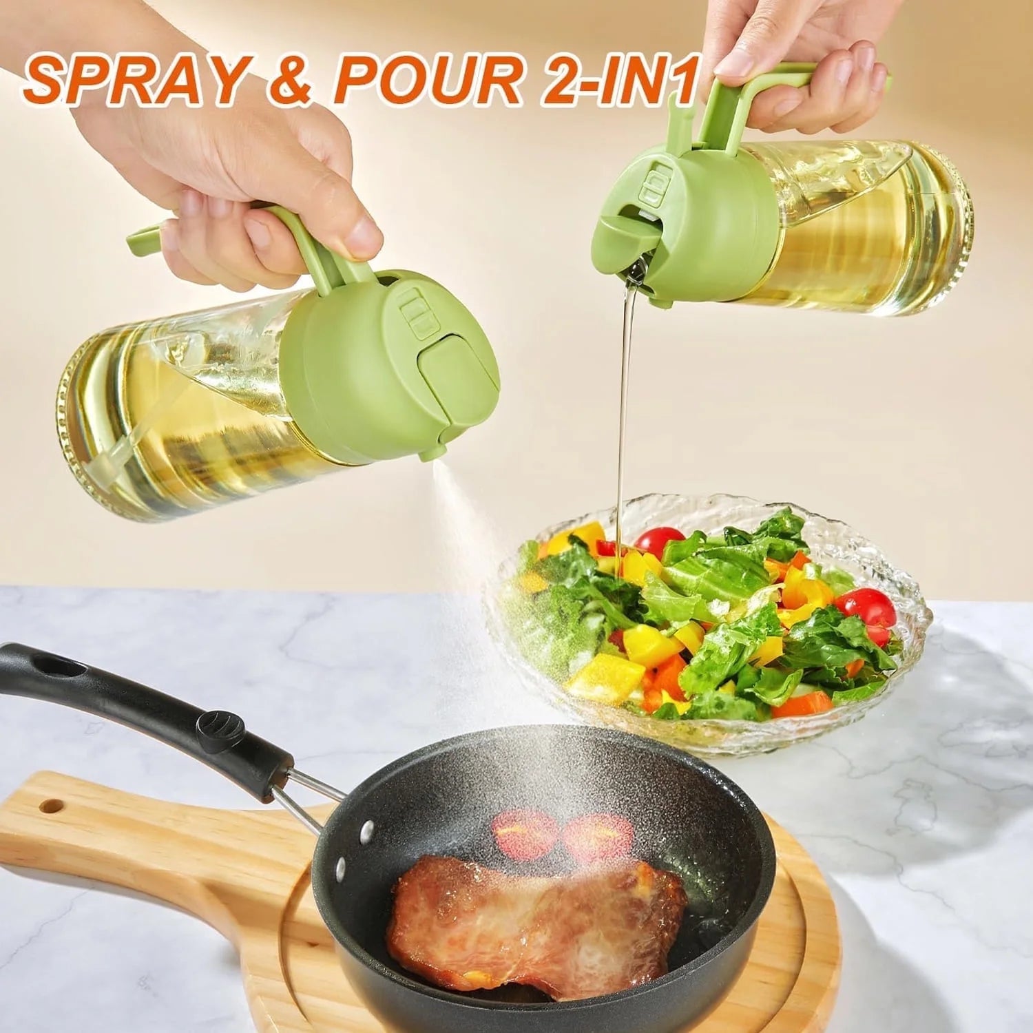 Oil Sprayer for Cooking, 2 in 1 Olive Oil Dispenser Bottle for Kitchen, 16Oz/470Ml Premium Glass Oil Bottle, Food-Grade Oil Mister for Air Fryer, Salad, Frying, BBQ (Green)