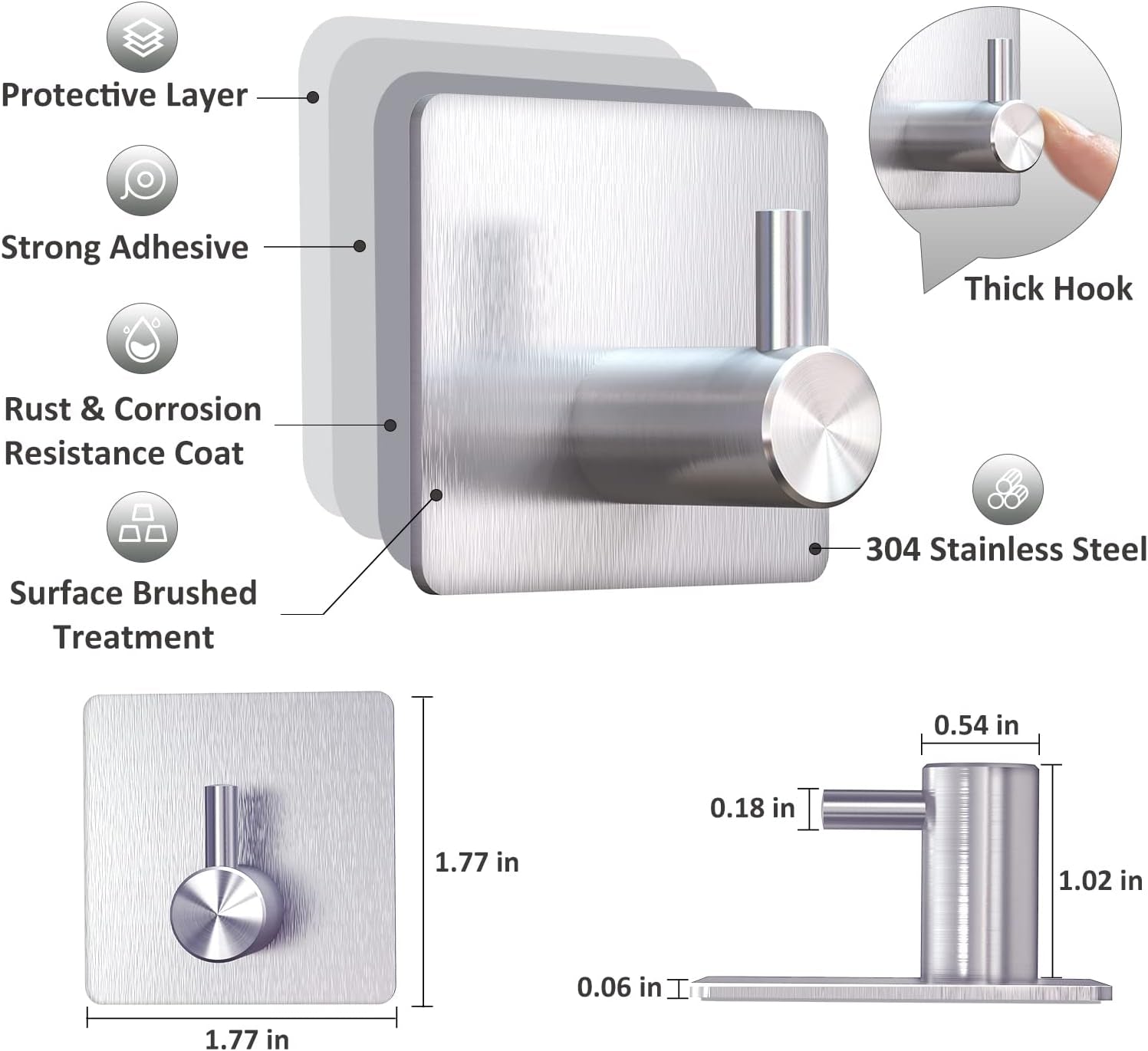 Adhesive Towel Hooks, Waterproof Shower Wall Stick on Hooks, 2 Extra Adhesive Strips, Silver, 4 Pcs