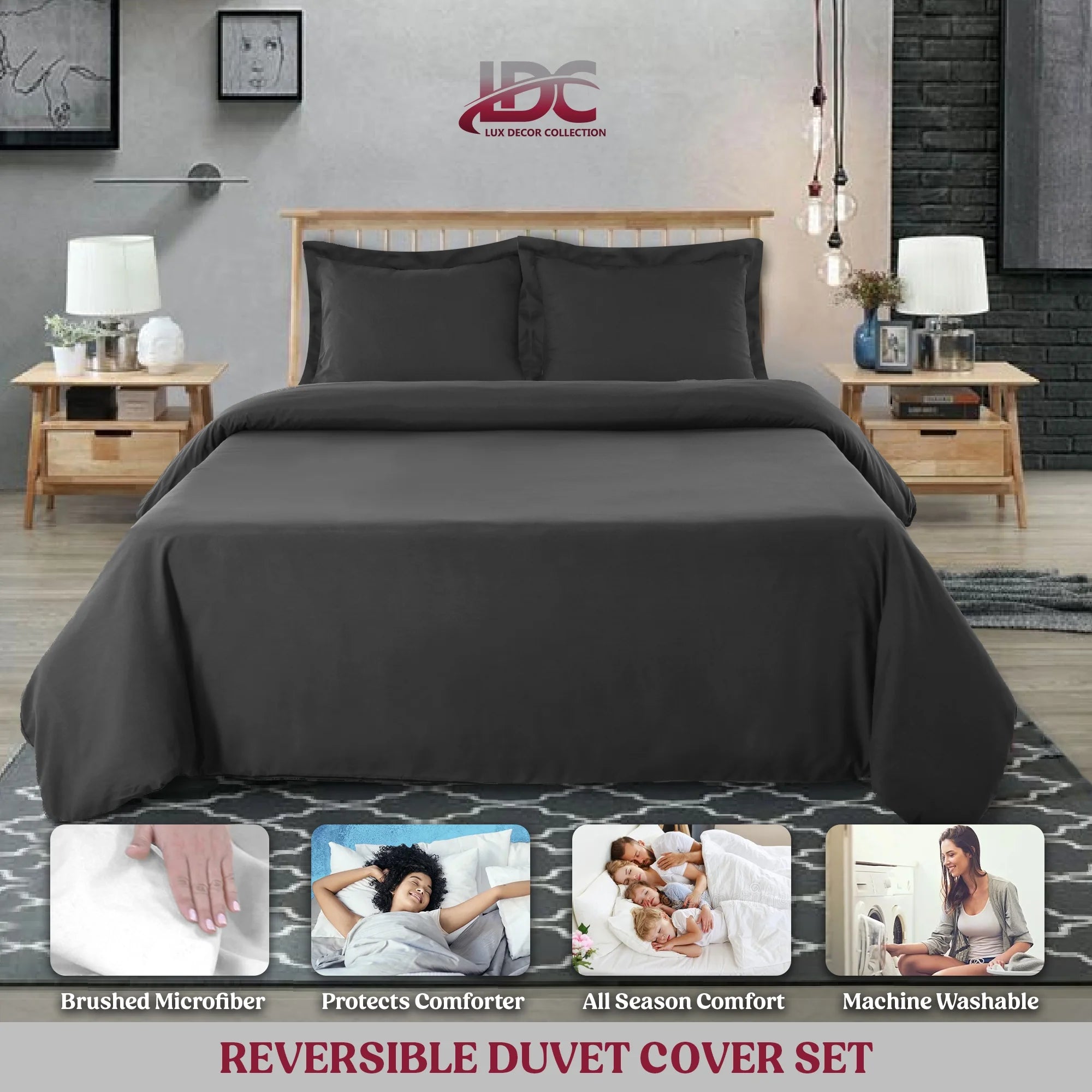 King Duvet Cover Set 3 Piece - Soft Brushed Microfiber Comforter Cover with 2 Pillow Shams - Zipper Closure Duvet Cover (King, Dark Grey)