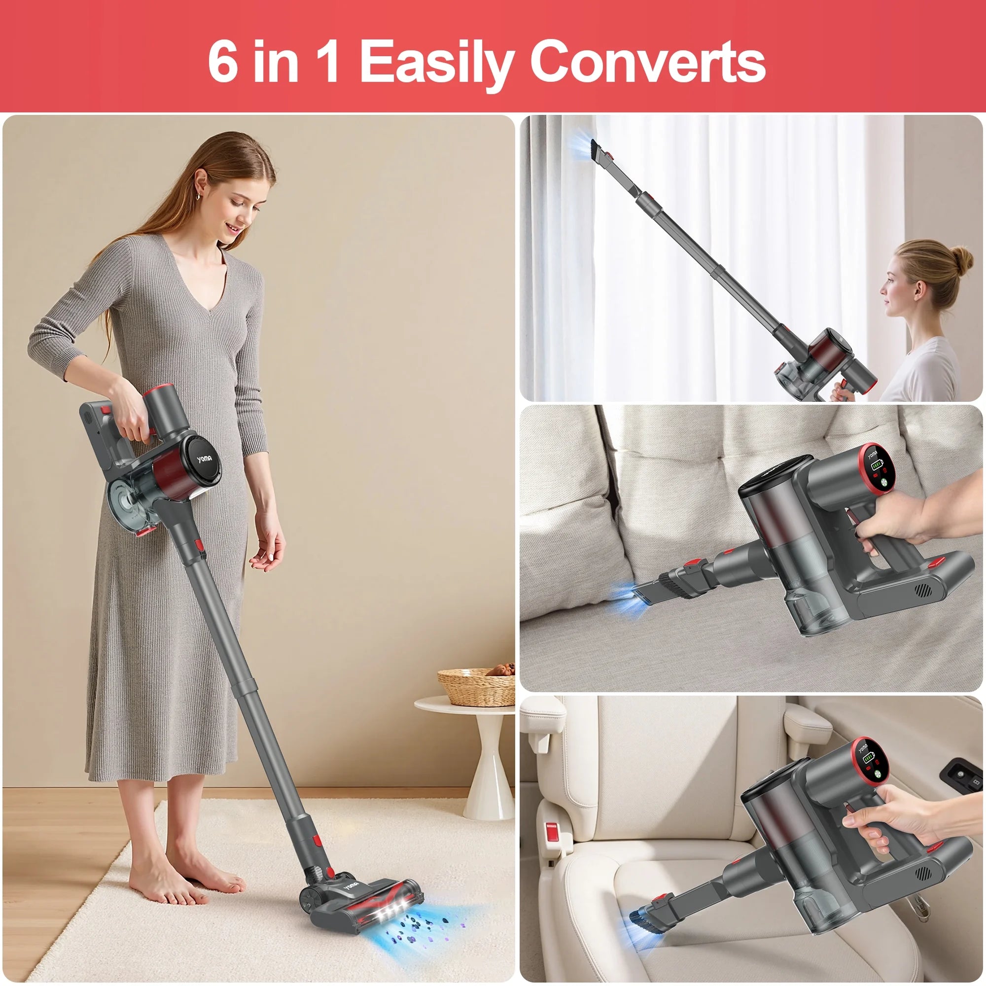 S18 Cordless Vacuum Cleaner, 6 in 1 Lightweight Stick Vacuum with Detachable Battery, 26Kpa Powerful Suction Vacuum Cleaner for Home Carpet Hardfloor Pet Hair