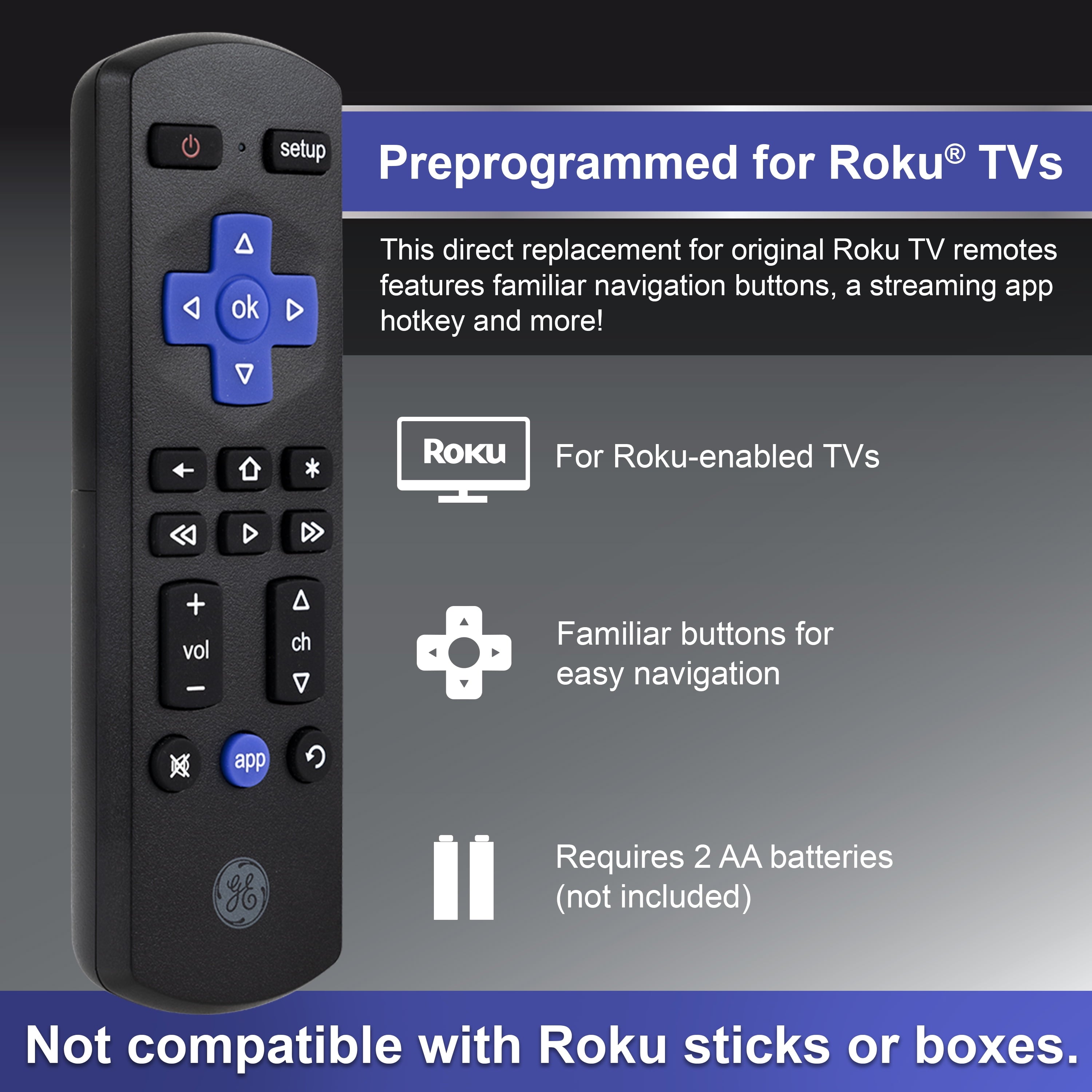 (2 Pack)  Roku TV Direct Replacement TV Remote Control in Black, 66814